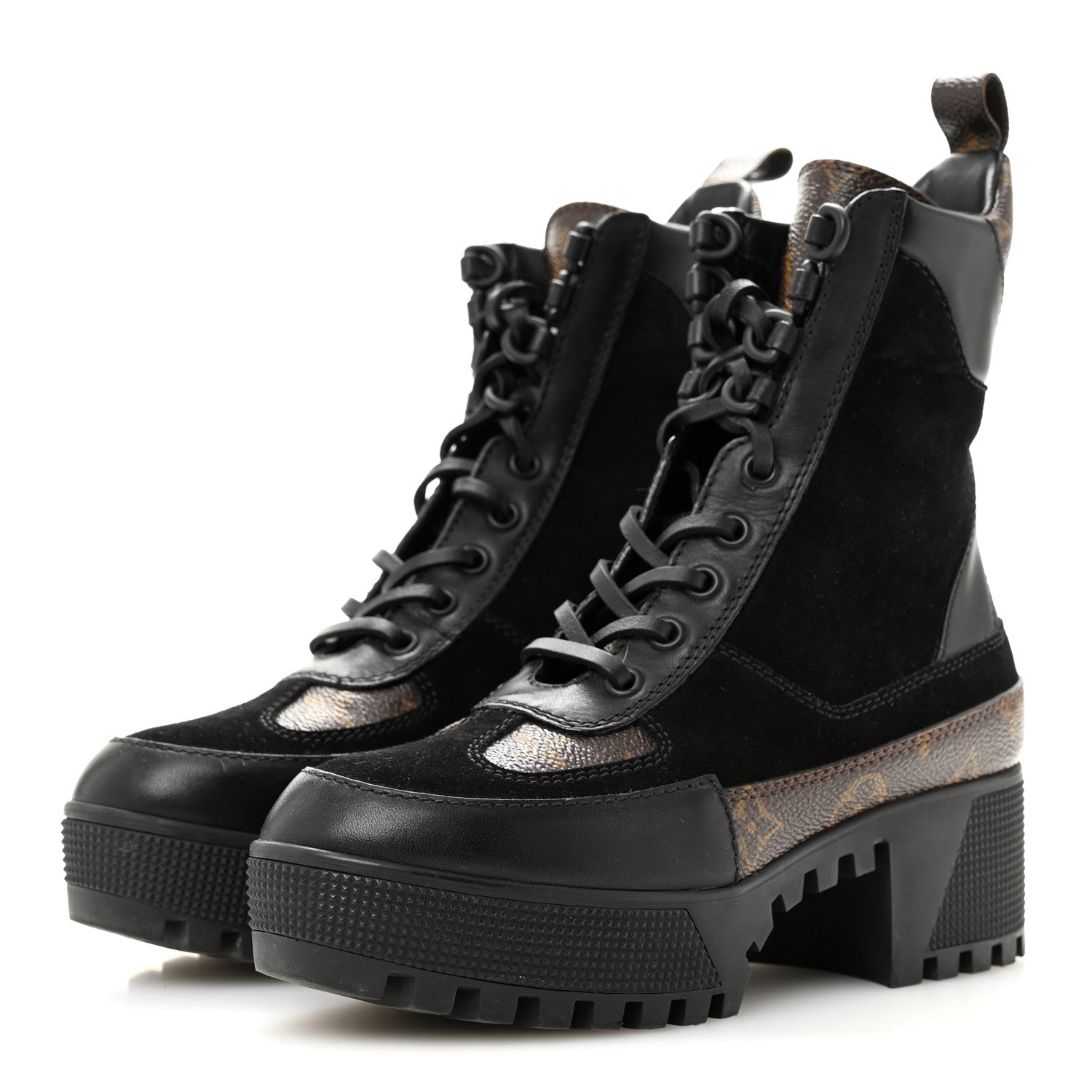 Suede Calfskin Monogram Laureate Platform Desert Boots 34.5 Black