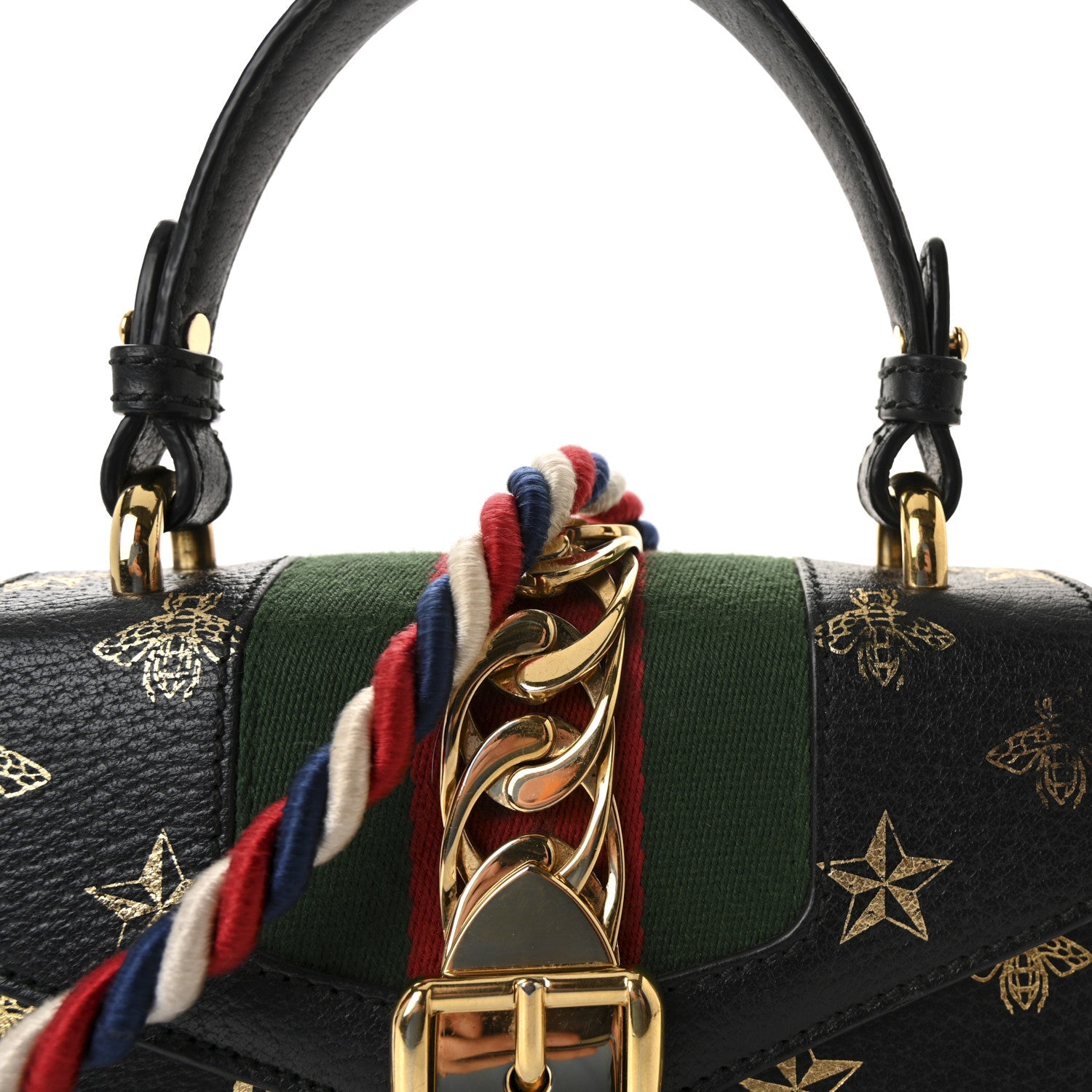 Textured Calfskin Bee Star Print Mini Sylvie Top Handle Bag Black