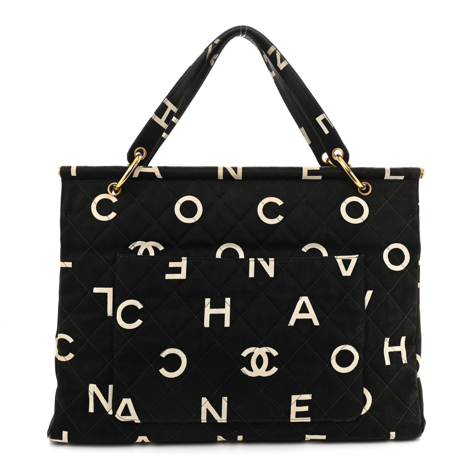 Canvas Printed Quilted Logo Tote Black White