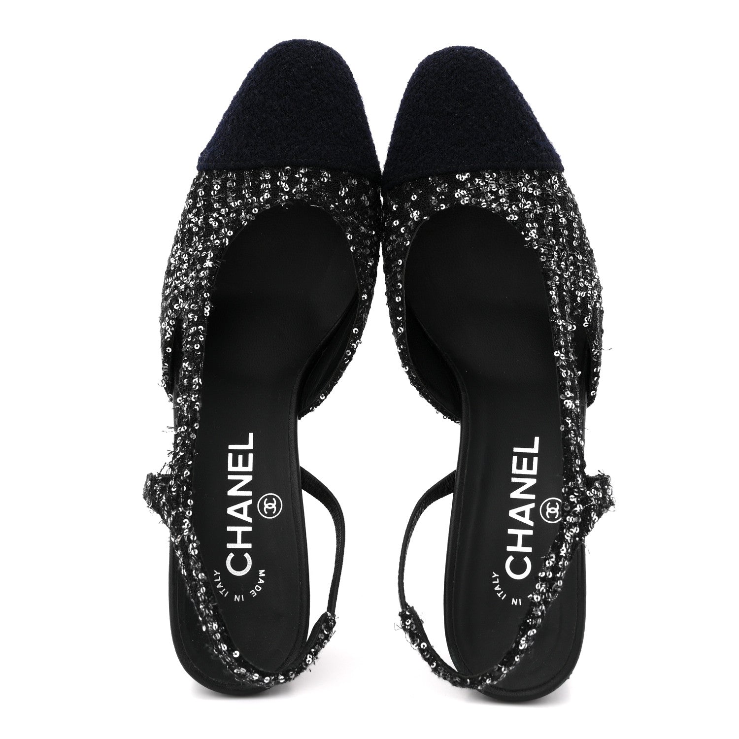 Tweed Sequin Cap Toe CC Slingback Pumps 38 Black White Silver