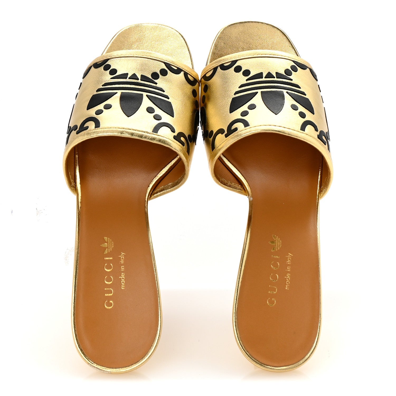 X ADIDAS Nappa Silk Charlotte Monogram Jumbo GG Trefoil 75mm Slide Sandals 37 King Gold Black