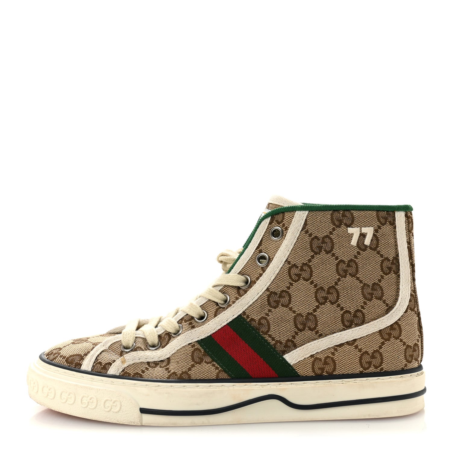 GG Monogram Web Womens 1977 Tennis High Top Sneakers 37 Beige Ebony Mystic White