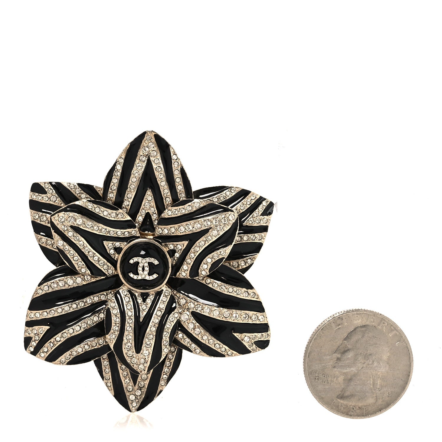 Metal Enamel Crystal CC Camelia Brooch Gold Black