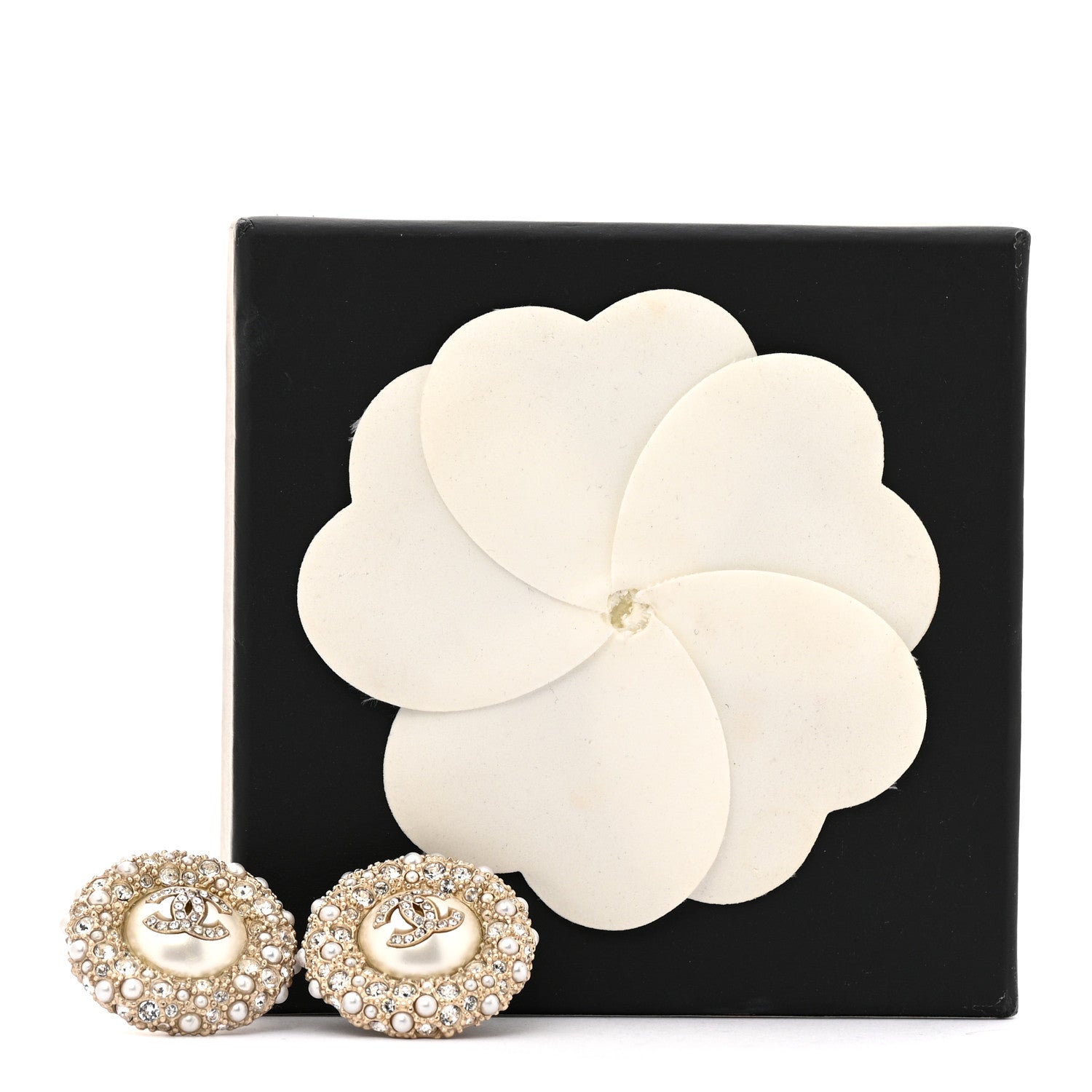 Pearl Crystal CC Round Earrings Light Gold