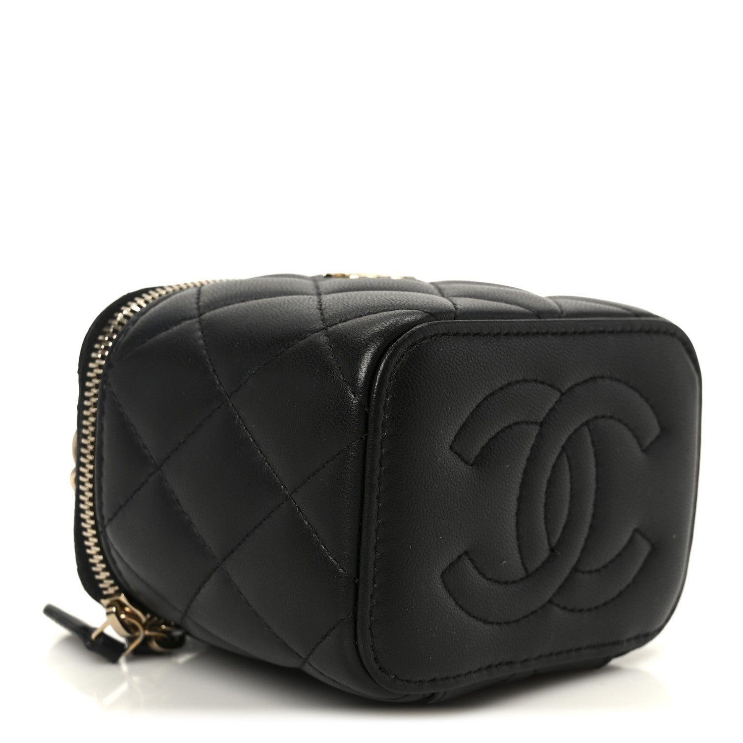 Lambskin Quilted Top Handle Mini Vanity Case With Chain Black