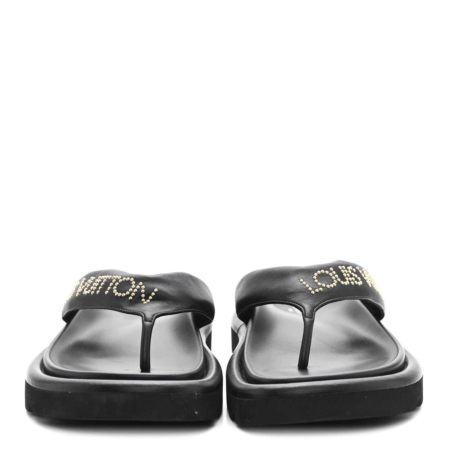 Calfskin Logo Studded Pillow Flat Thong Sandals 35 Black