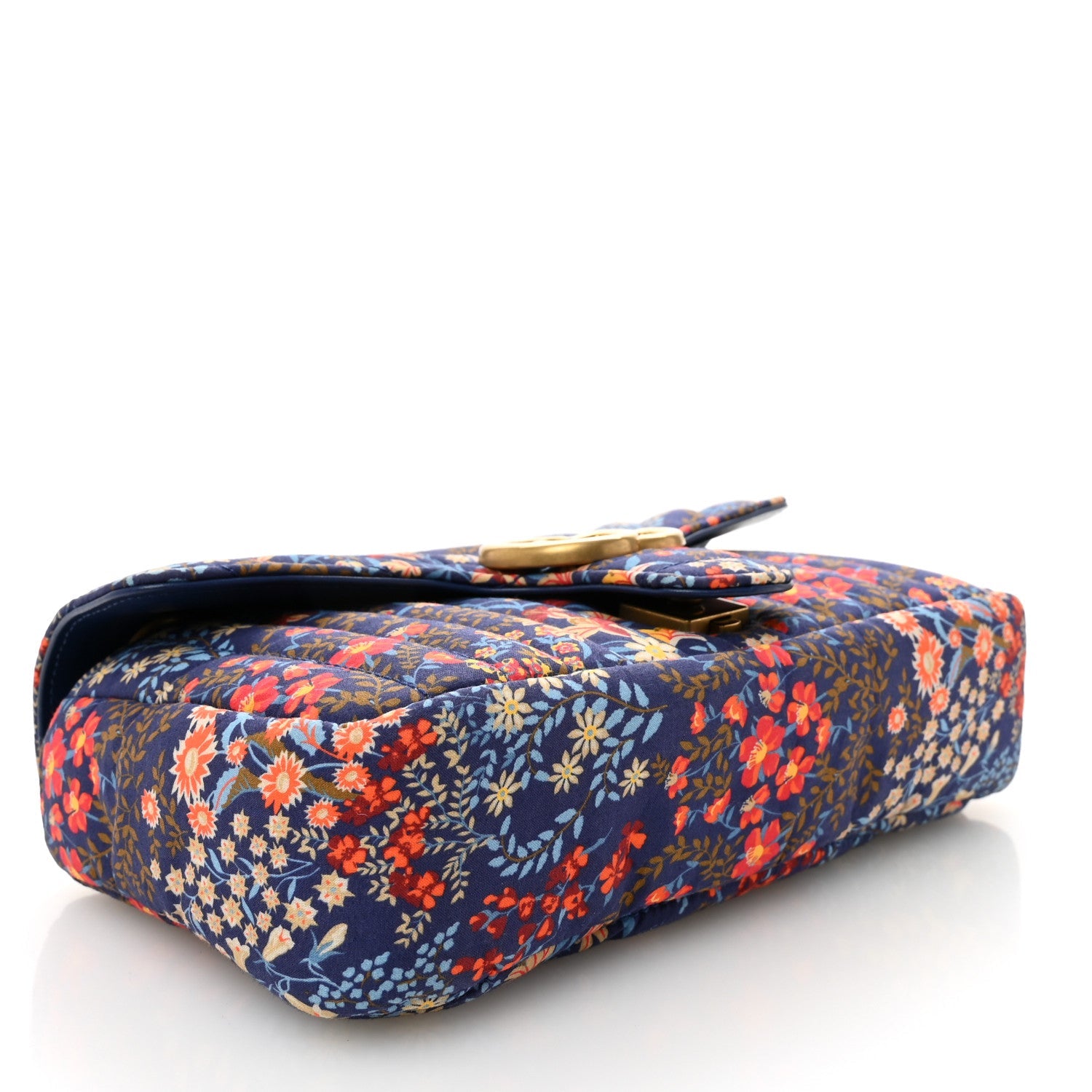 Cotton Calfskin Matelasse Floral Print Small GG Marmont Shoulder Bag Blue Red Deep Ocean Blue