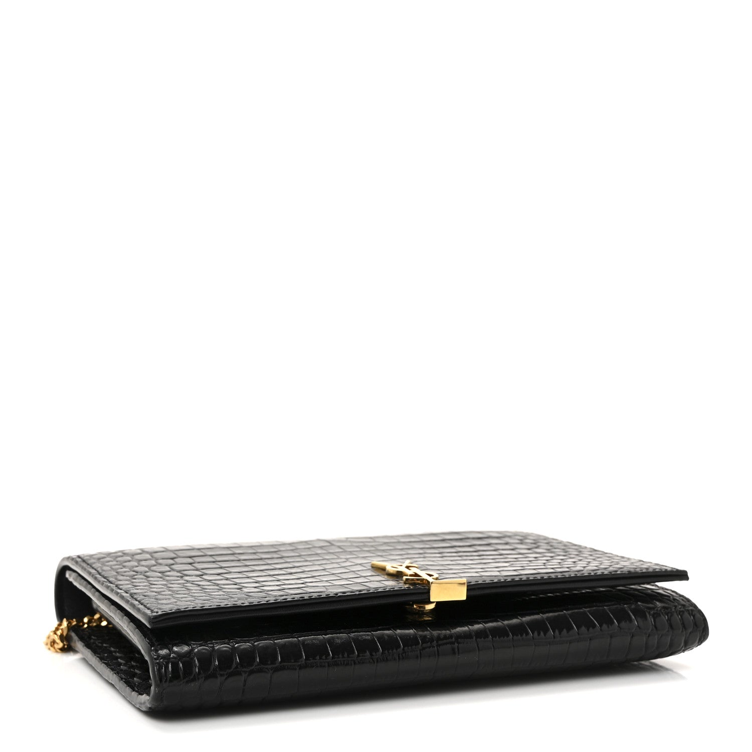 Calfskin Crocodile Embossed Monogram Chain Wallet Black