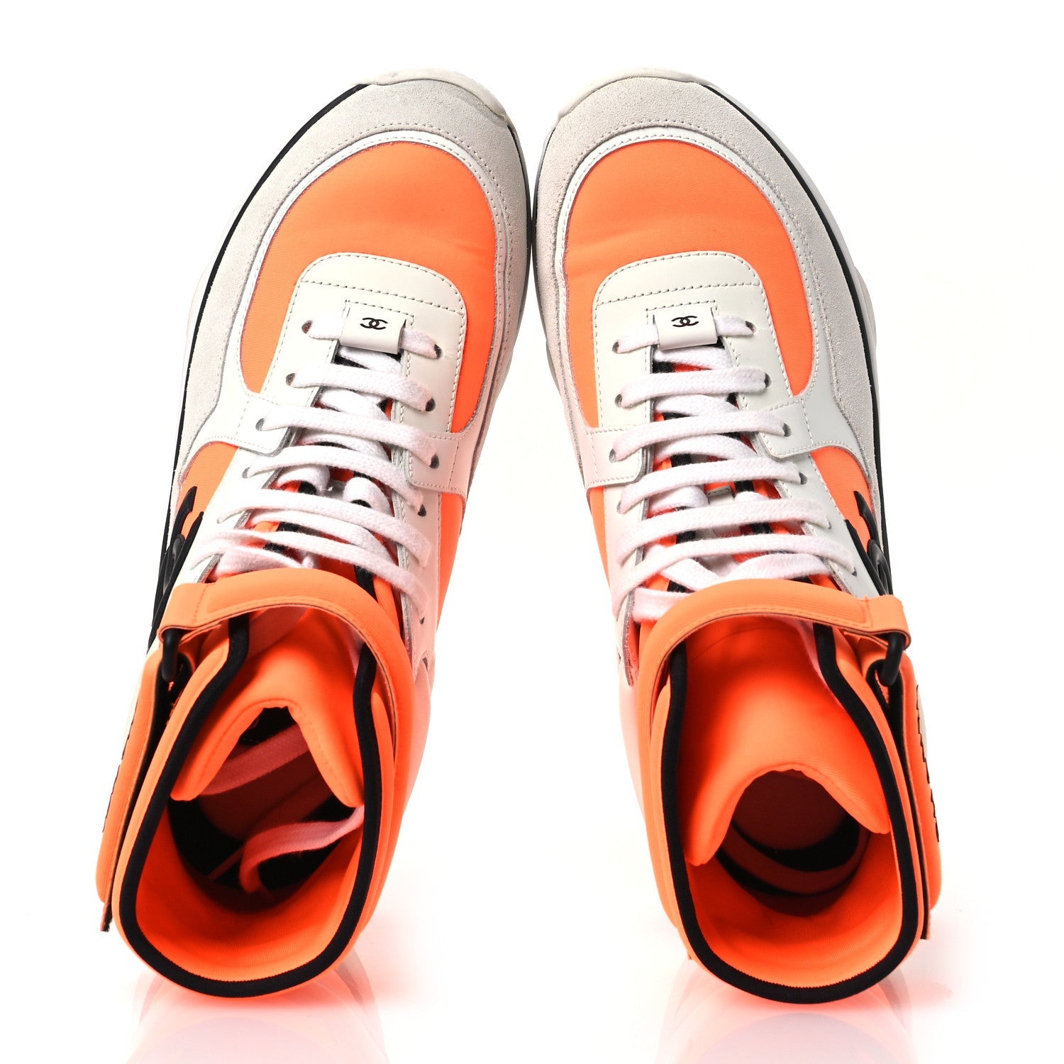 Suede Calfskin Lambskin Neoprene High Top CC Sneakers 39 White Fluo Orange