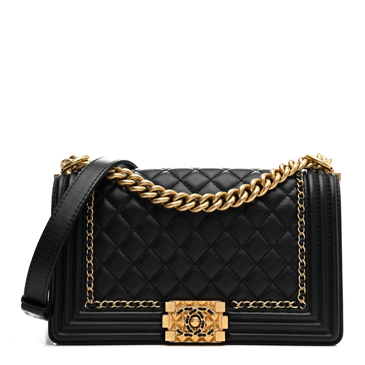 Lambskin Quilted Medium Chain Around Boy Flap Black
