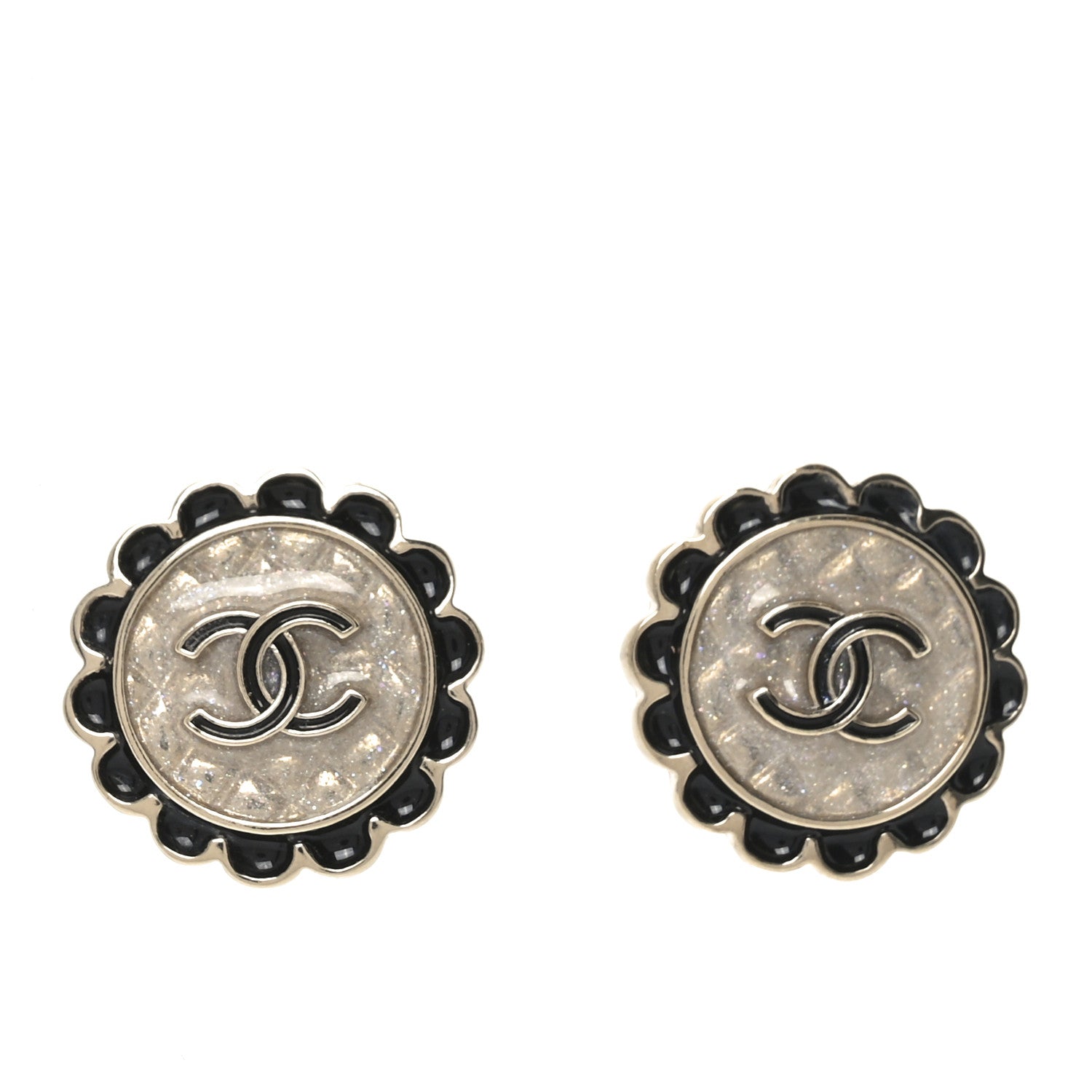 Metal Enamel CC Round Earrings Gold Black
