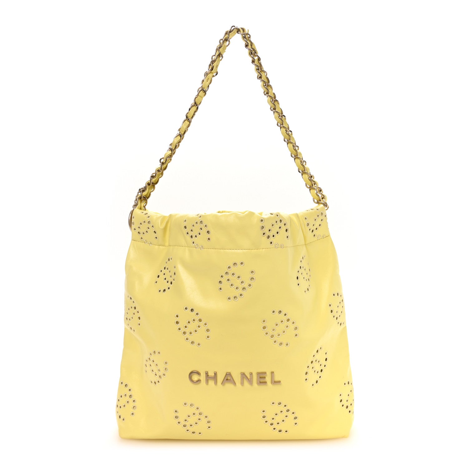 Shiny Calfskin Eyelet CC Small Chanel 22 Light Yellow