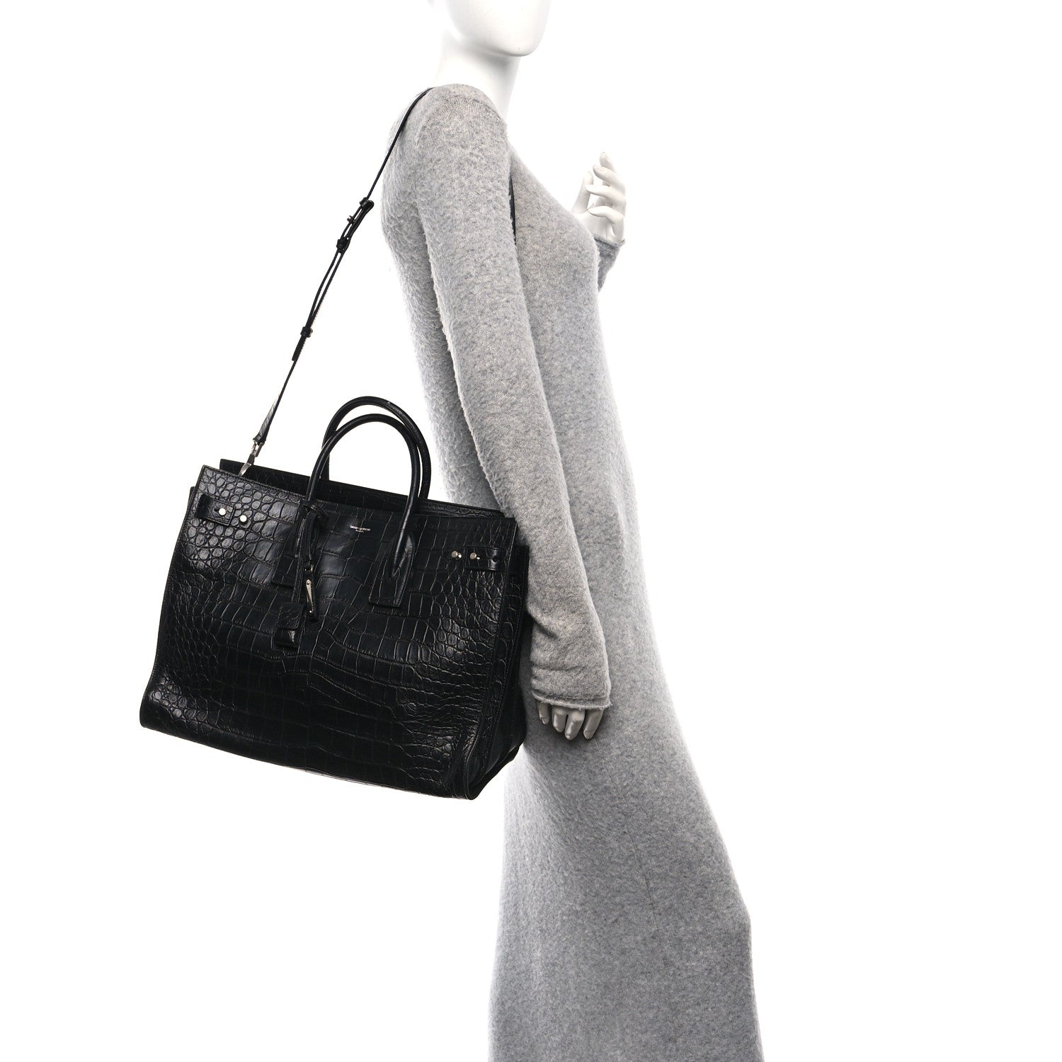 Calfskin Crocodile Embossed Large Souple Sac De Jour Black