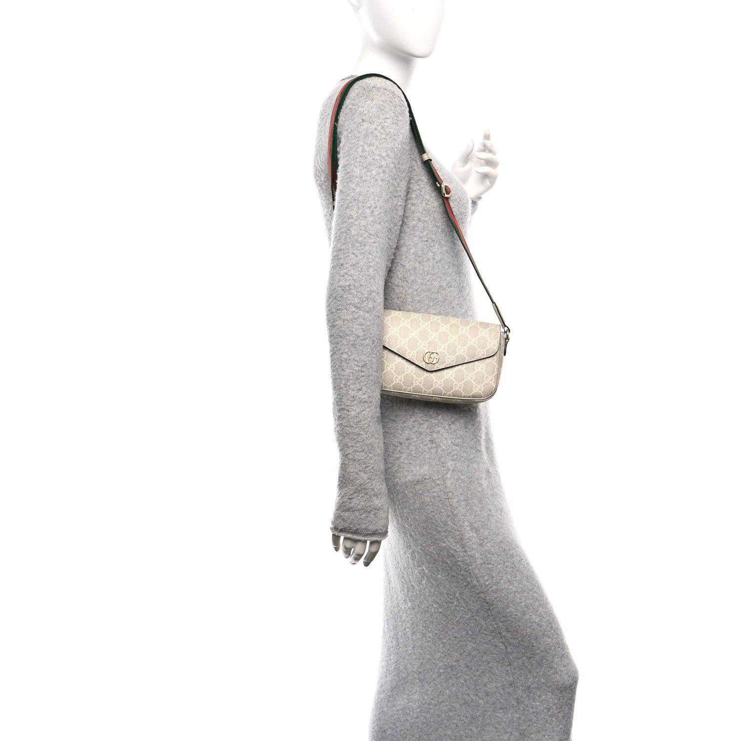 GG Supreme Monogram Textured Dollar Calfskin Web Mini Ophidia Envelope Shoulder Bag Beige Mystic White Oatmeal