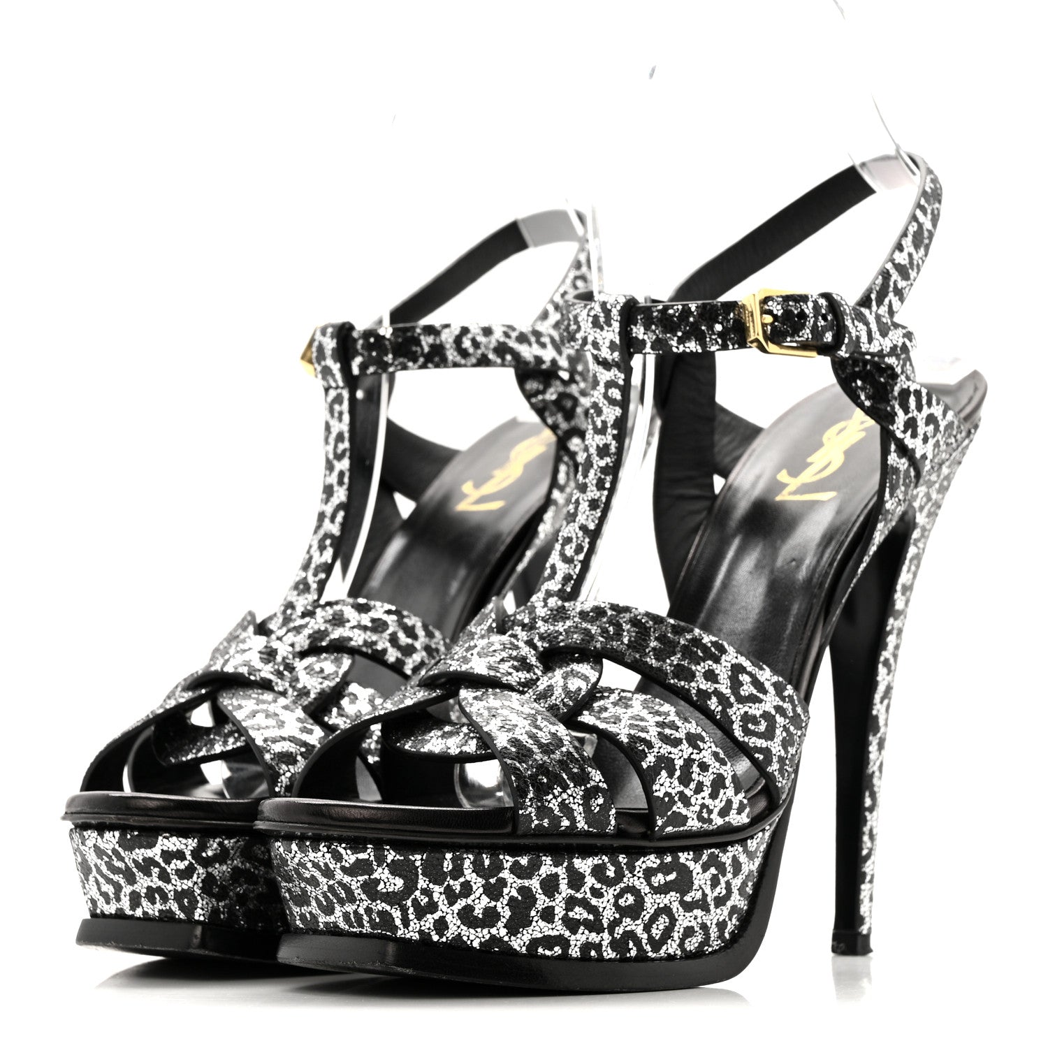 Metallic Calfskin Leopard Print Tribute 105 Platform Sandals 38  Black Silver