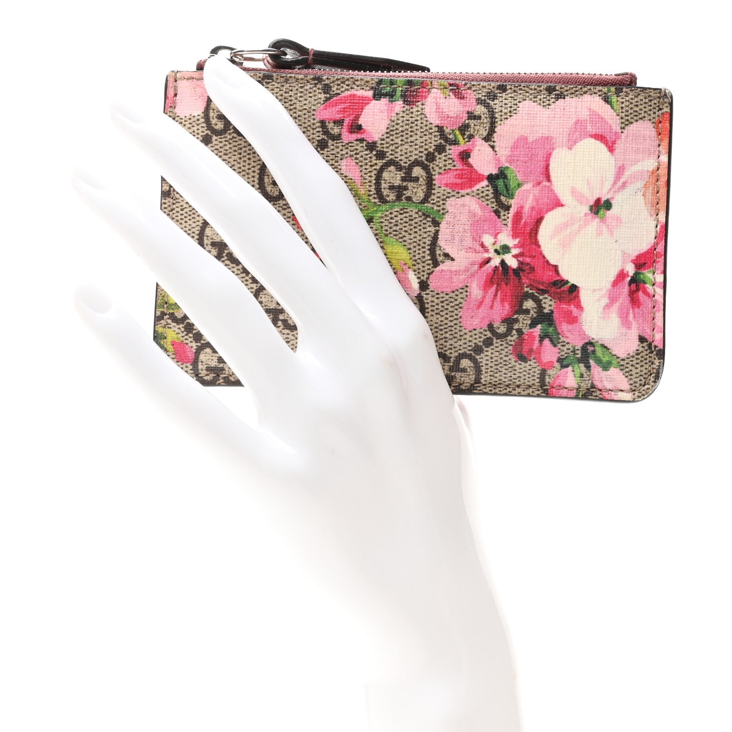 GG Supreme Monogram Blooms Key Ring Coin Case Beige Multicolor Dry Rose