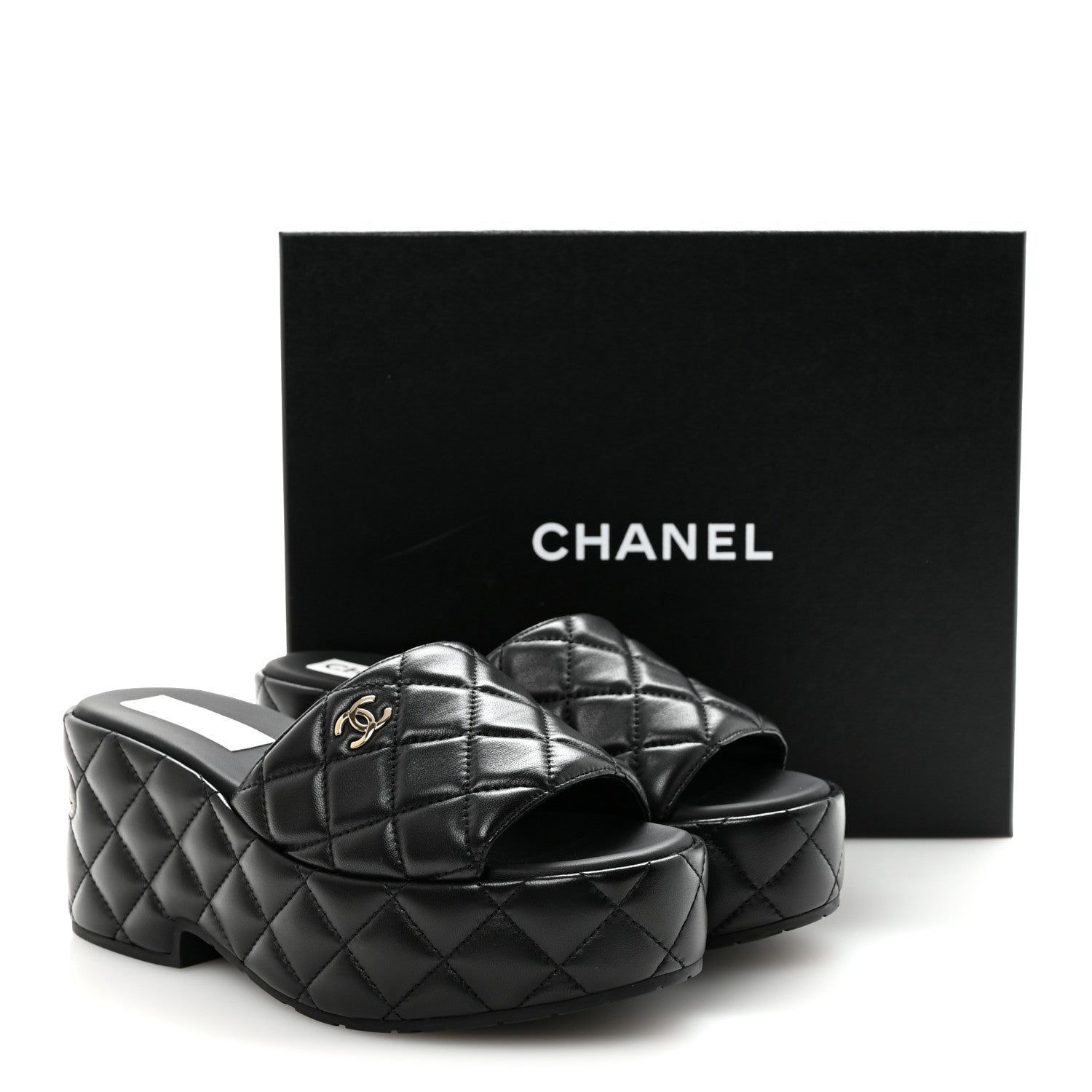 Lambskin Quilted CC Mules Wedge Sandals 39 Black