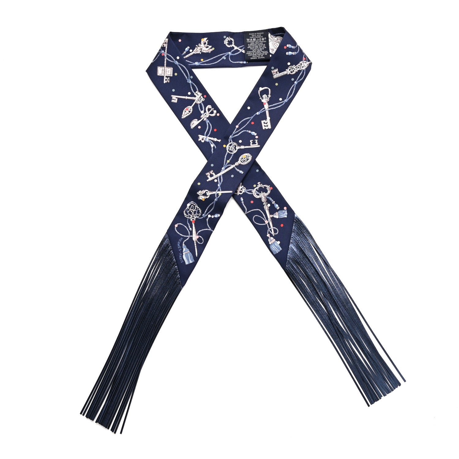 Silk Calfskin Les Cles A Pois Fringed Twilly Bleu Marine Gris Argent Multicolor
