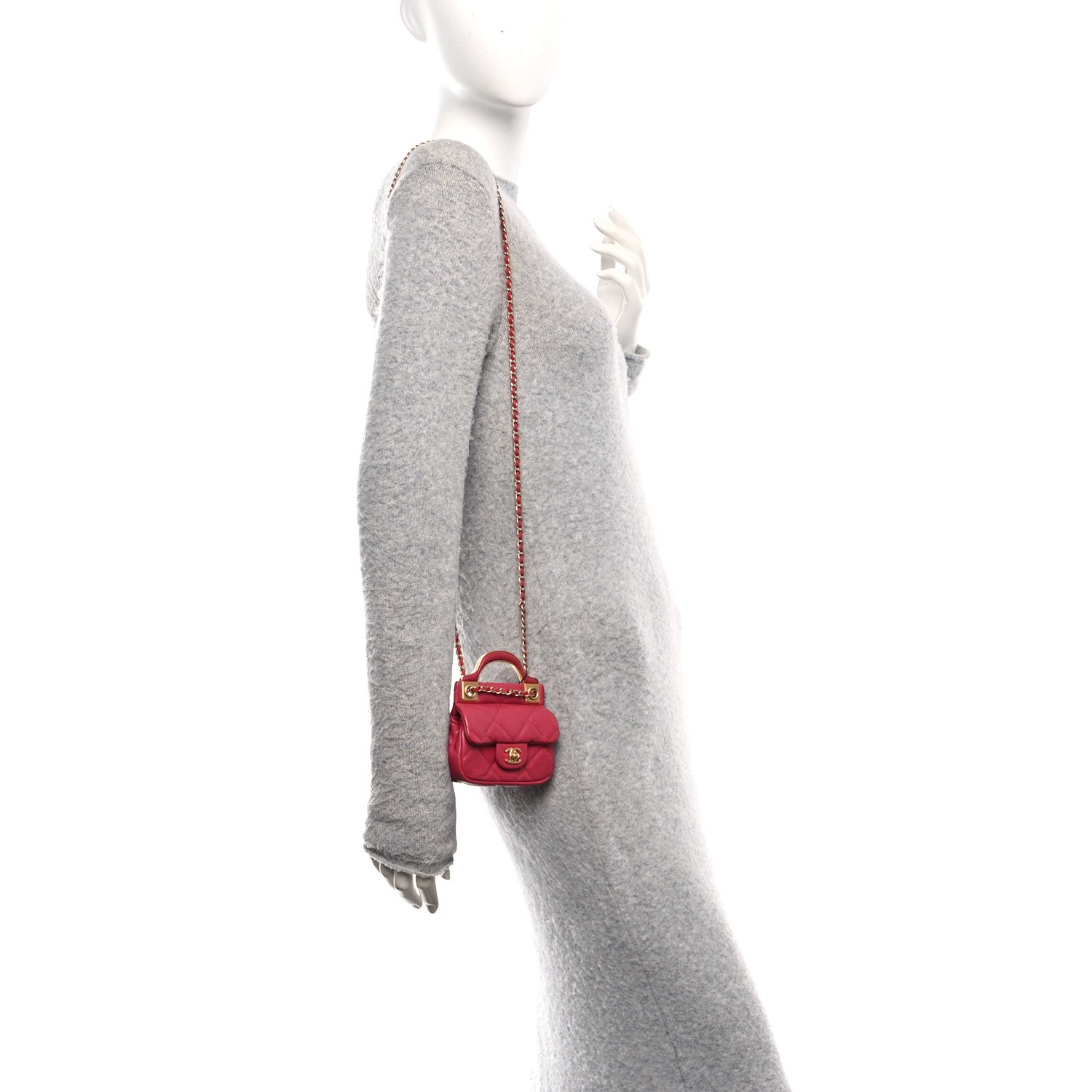 Calfskin Quilted Lady Handle Flap Card Holder With Chain Dark Pink