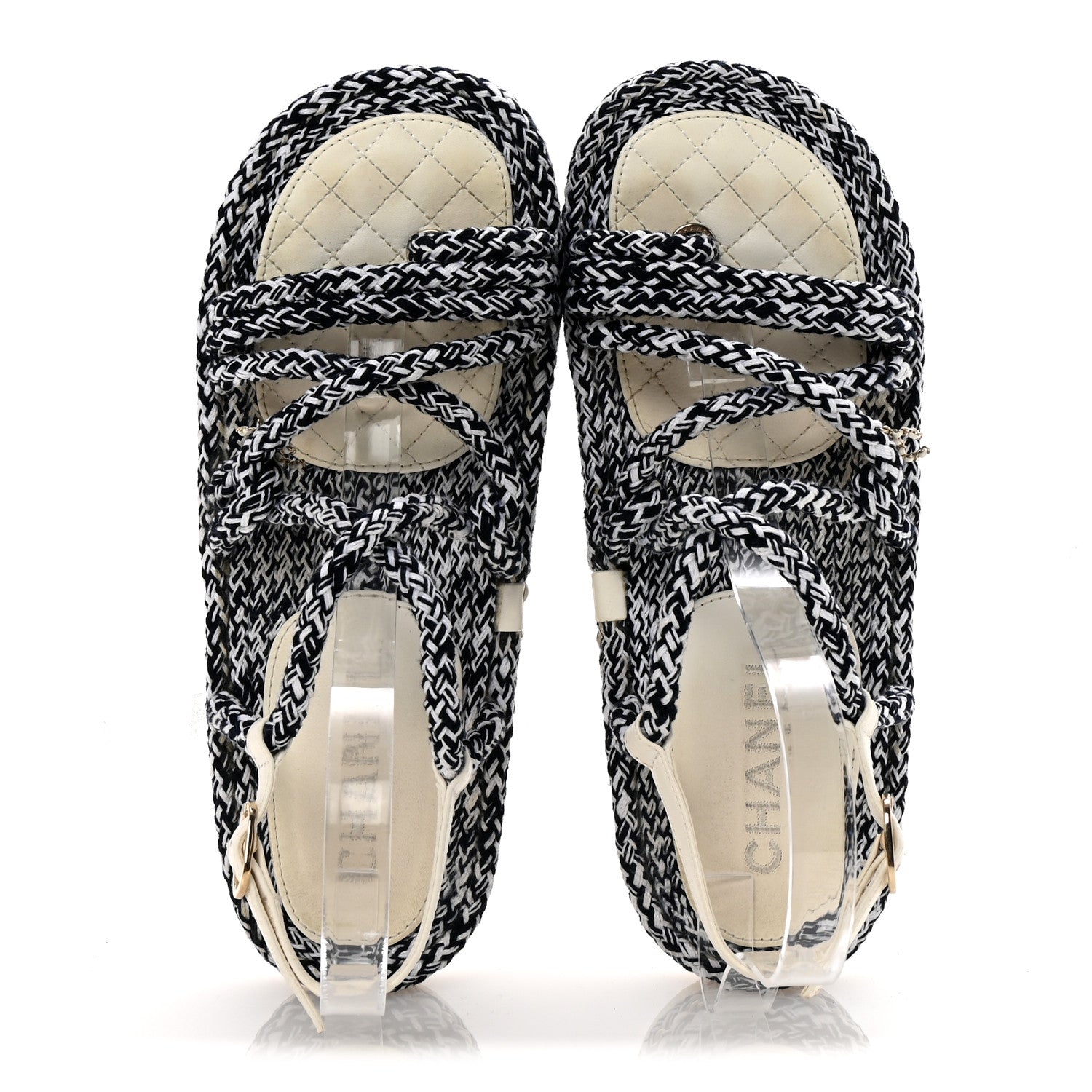 Cord Lambskin Quilted Logo Sandals 39 Navy Blue White