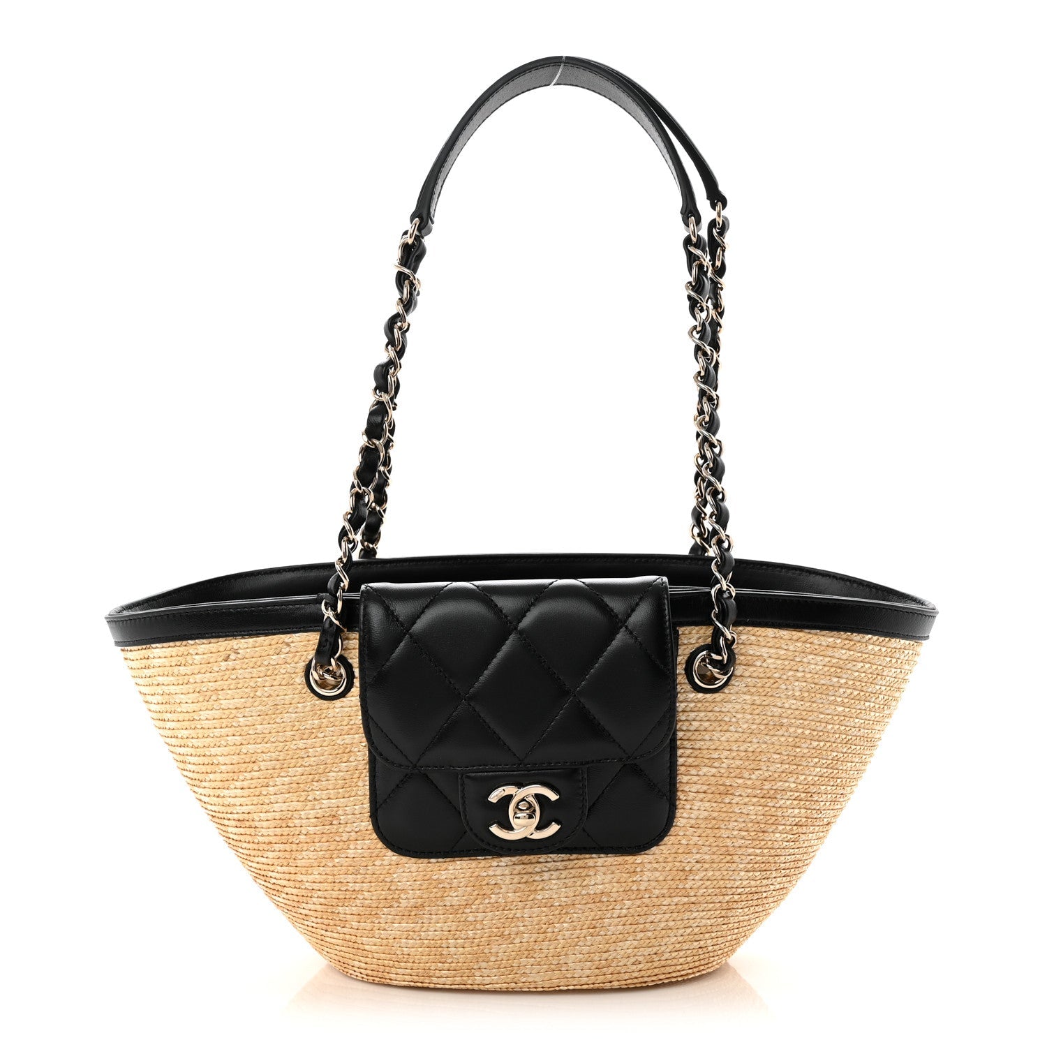 Raffia Braided Lambskin Small Shopping Tote Beige Black