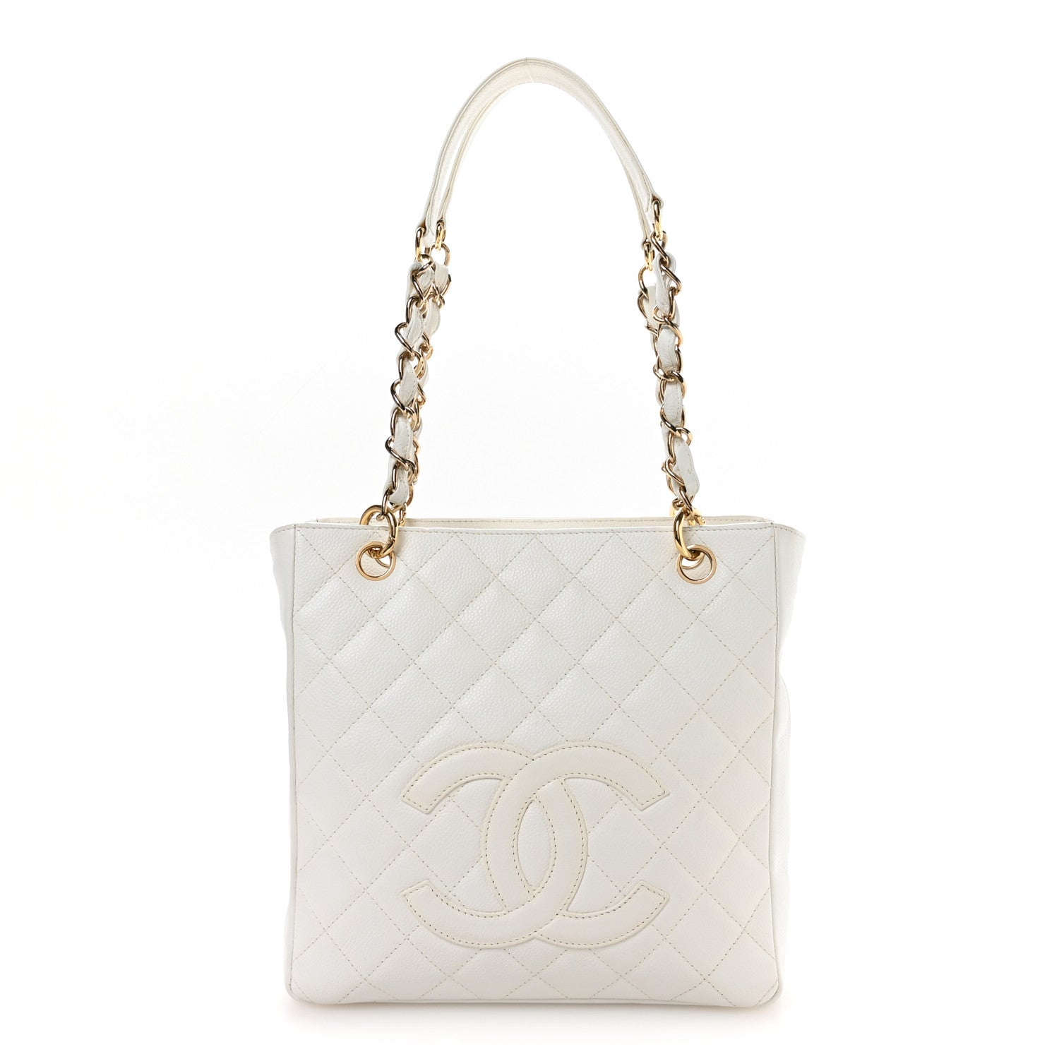Caviar Quilted Petit Shopping Tote PST White