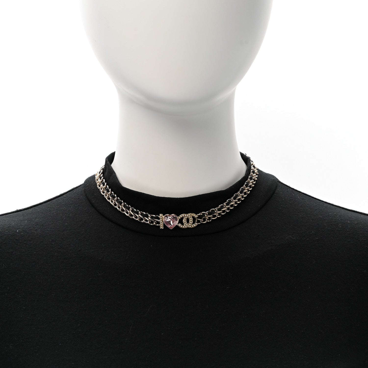 Metal Lambskin Crystal I Heart CC Choker Necklace Gold Black