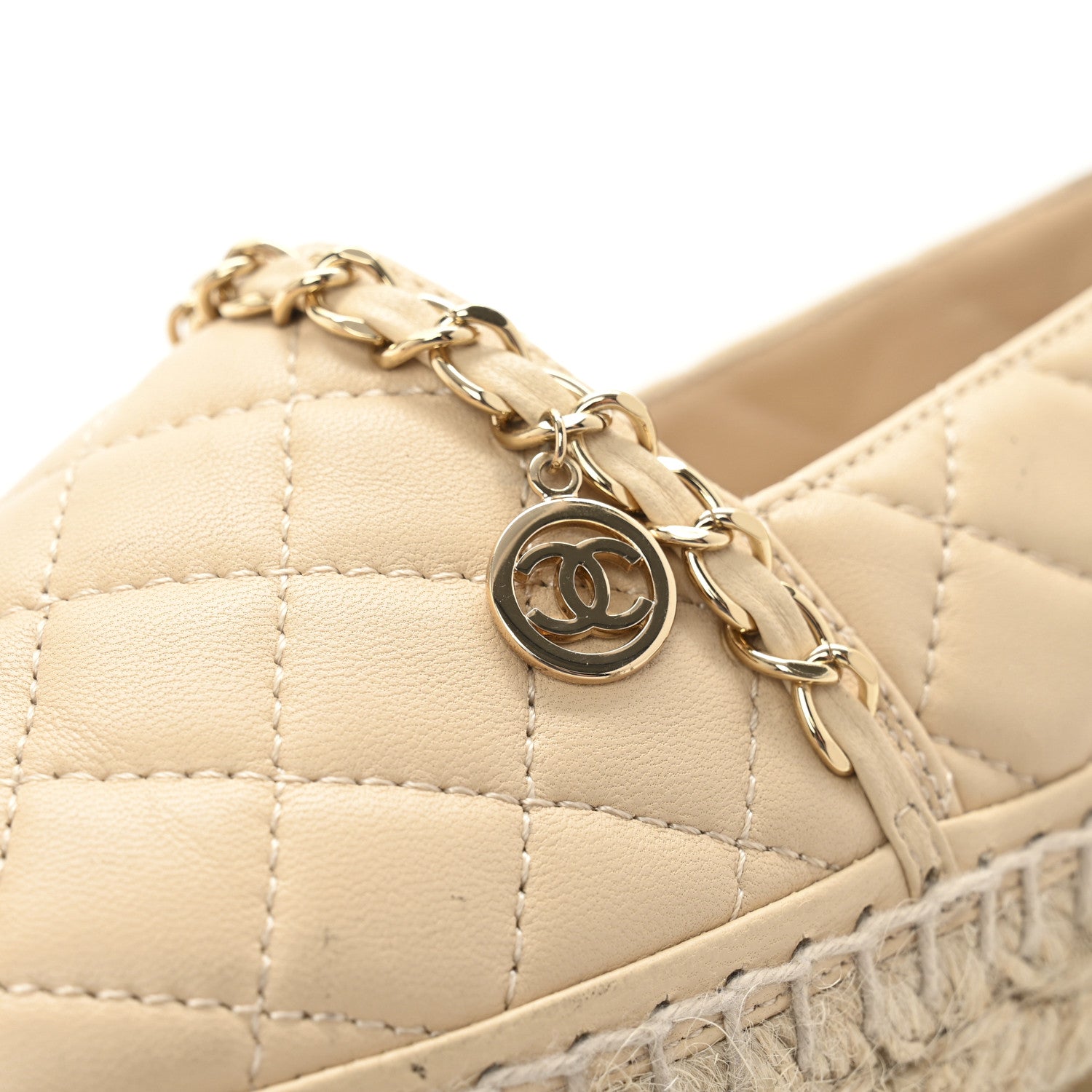 Lambskin Grosgrain Quilted CC Chain Espadrilles 35 Beige Black