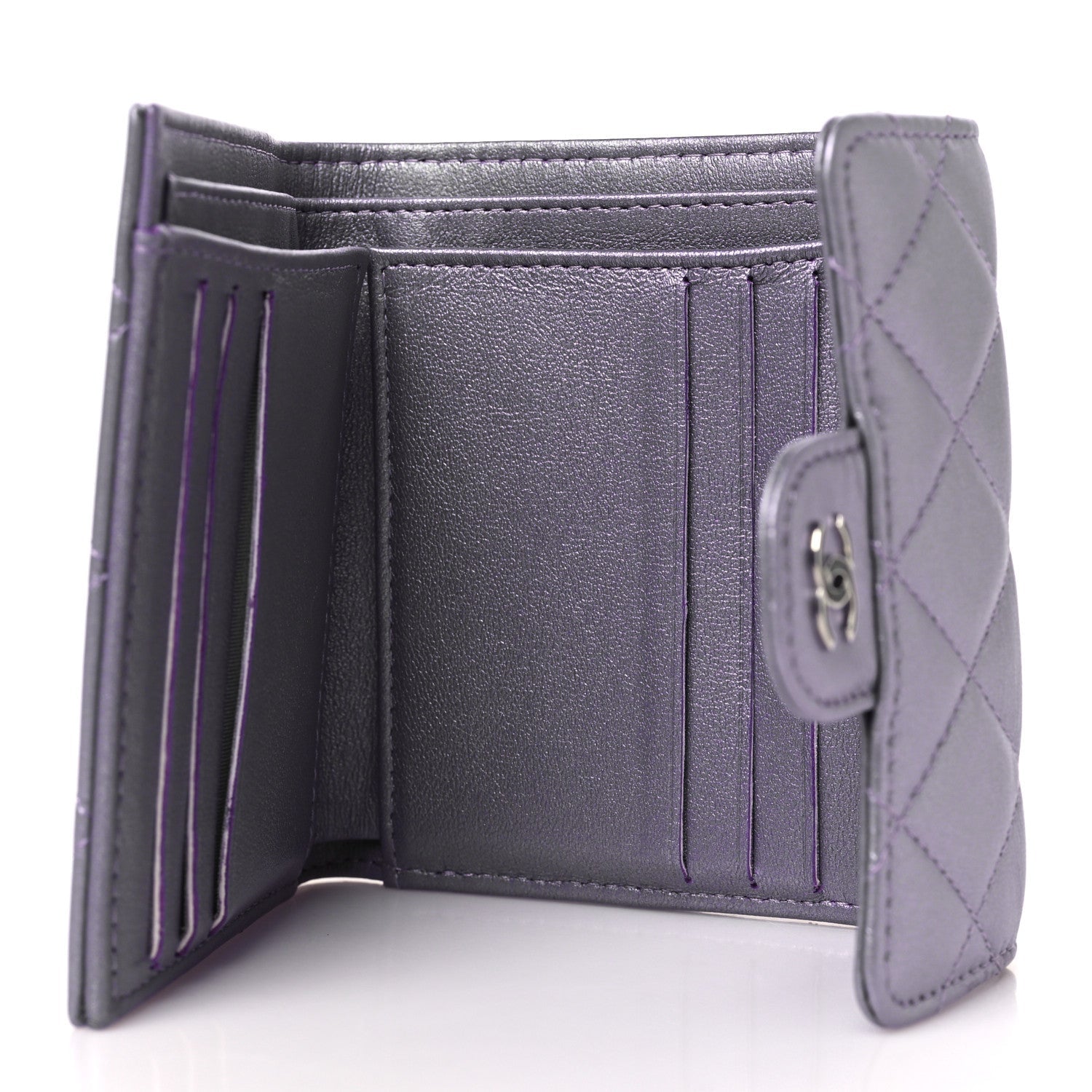 Iridescent Lambskin Quilted Compact Flap Wallet Purple