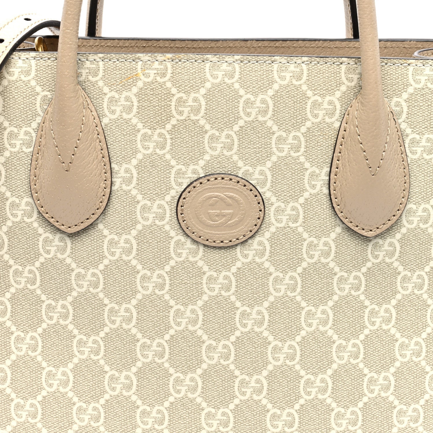 GG Supreme Monogram Textured Dollar Calfskin Small Retro Interlocking G Tote Bag Beige Mystic White Oatmeal