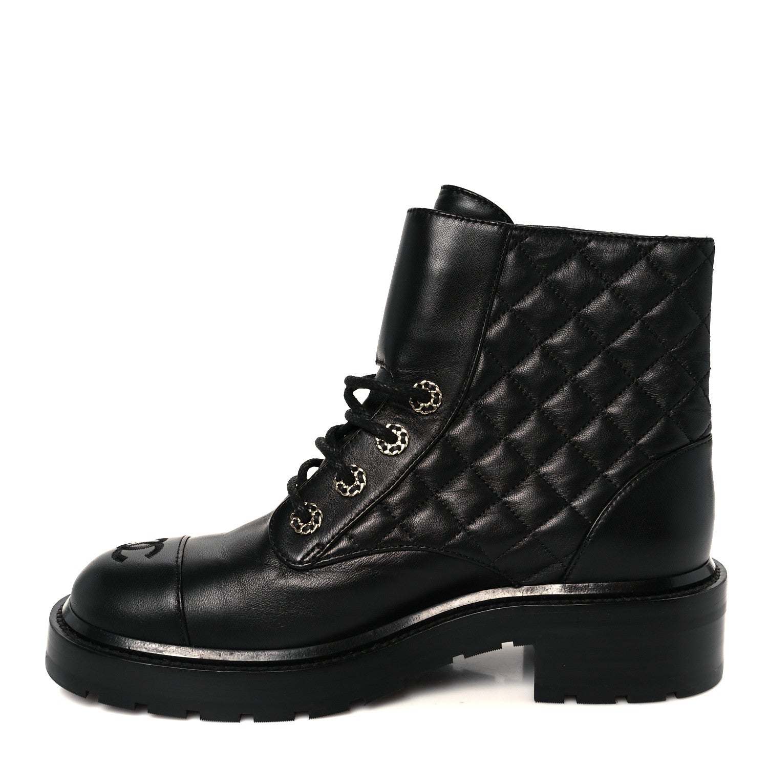 Shiny Lambskin Quilted Lace Up Combat Boots 39 Black