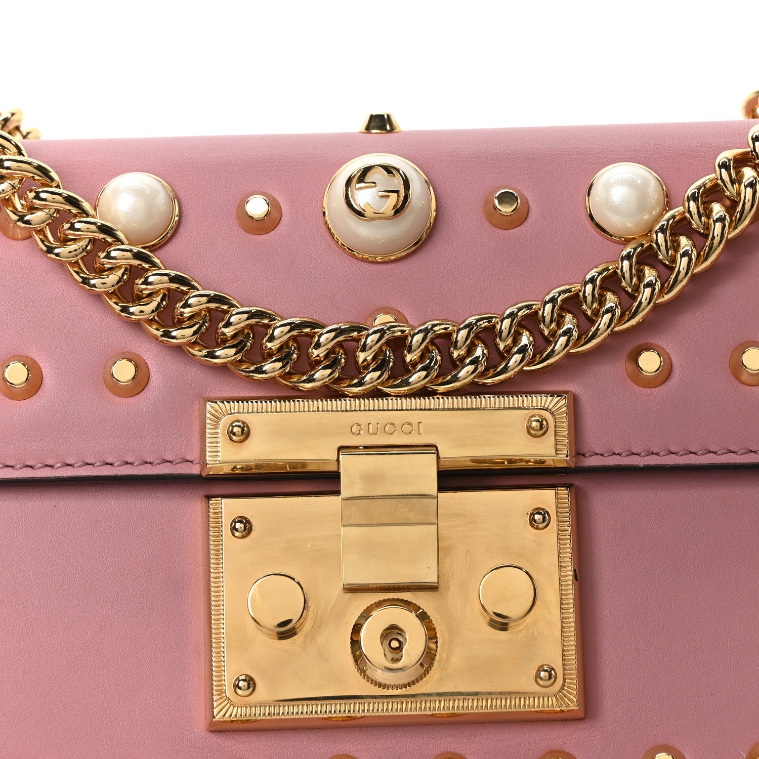 Calfskin Studded Small Padlock Shoulder Bag Carmine Rose