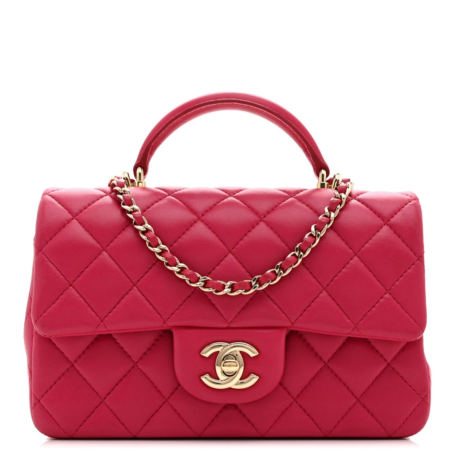 Lambskin Quilted Mini Top Handle Rectangular Flap Dark Pink