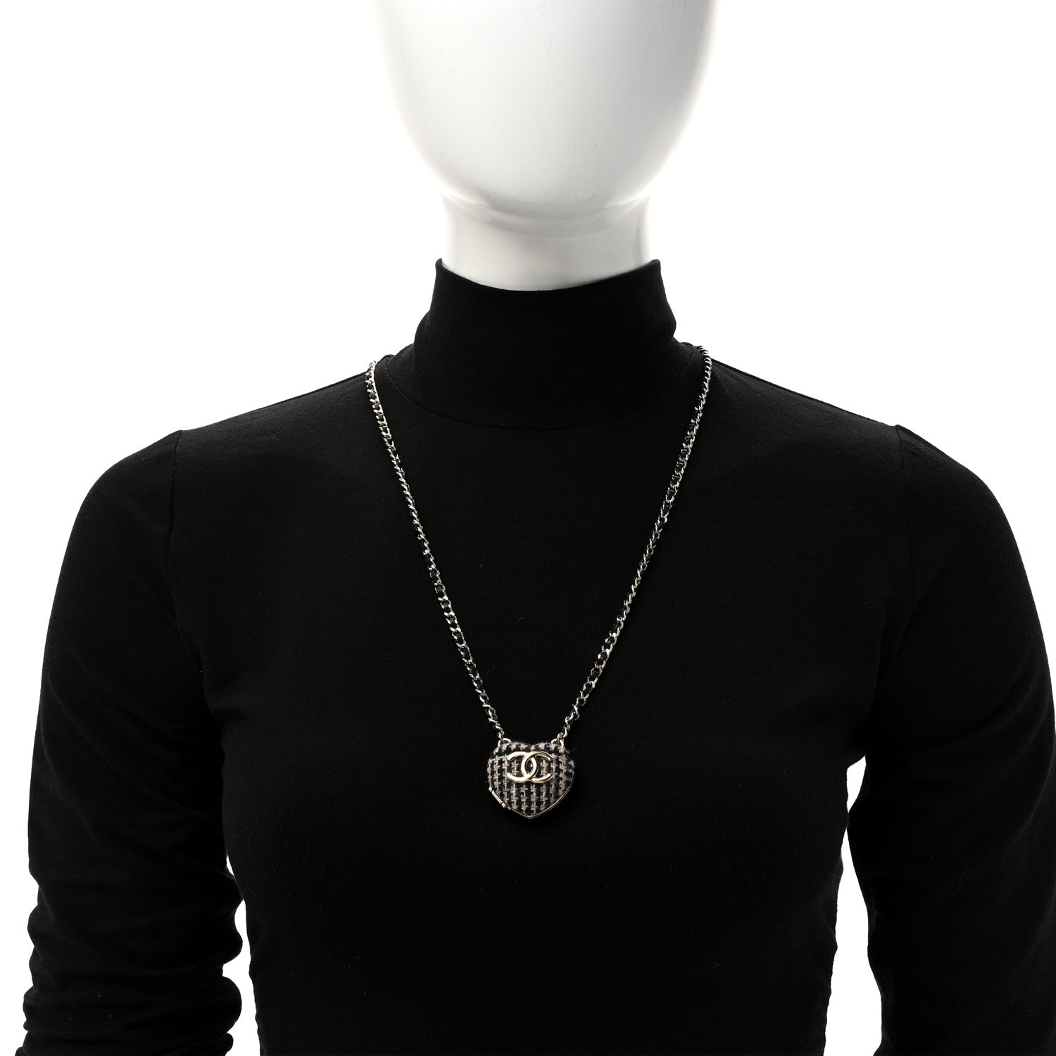 Tweed Lambskin CC Heart Locket Necklace Gold Black Beige