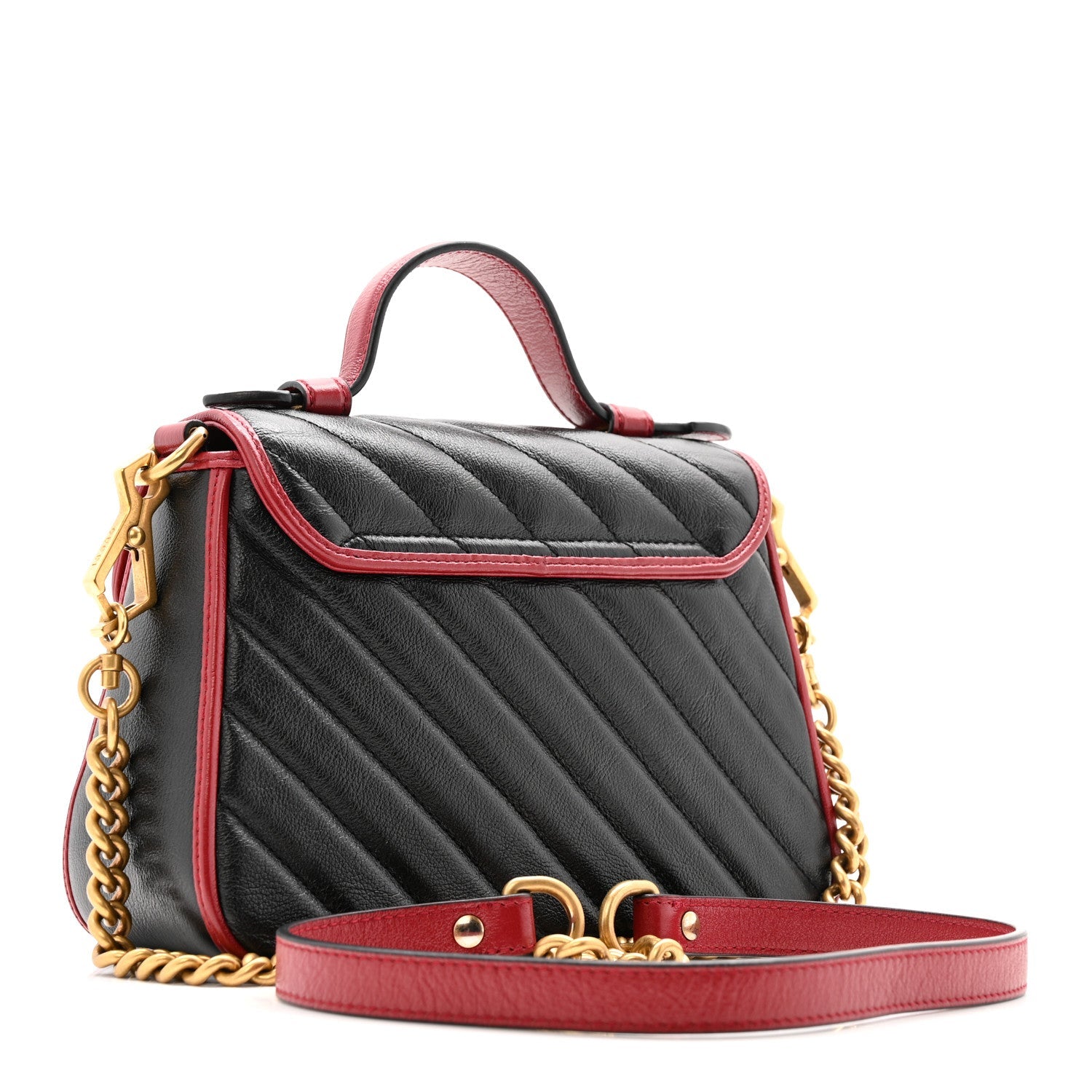 Vintage Effect Calfskin Matelasse Diagonal Mini Torchon GG Marmont Top Handle Shoulder Bag Black Romantic Cherry