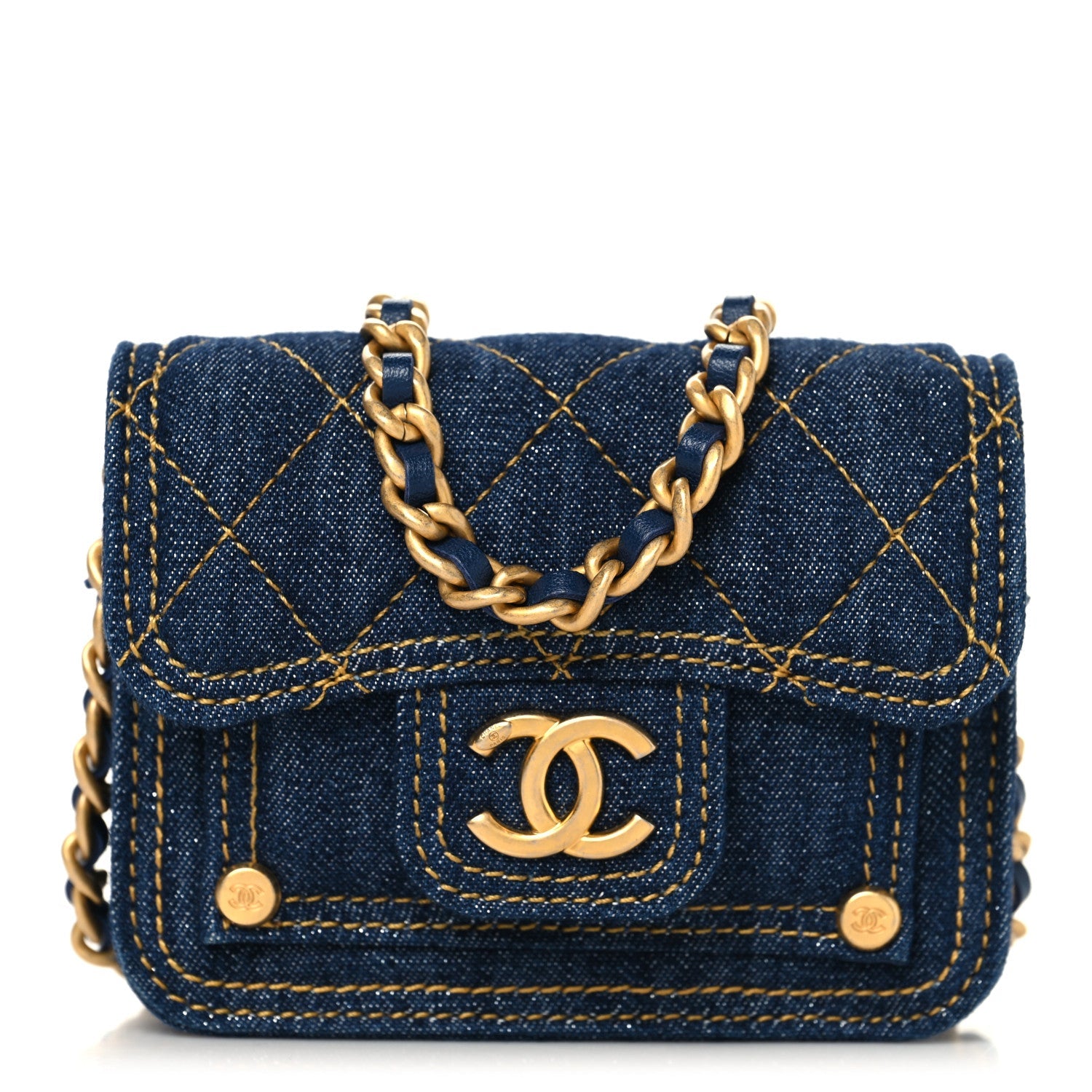 Denim Quilted Double You Card Holder On Chain Blue