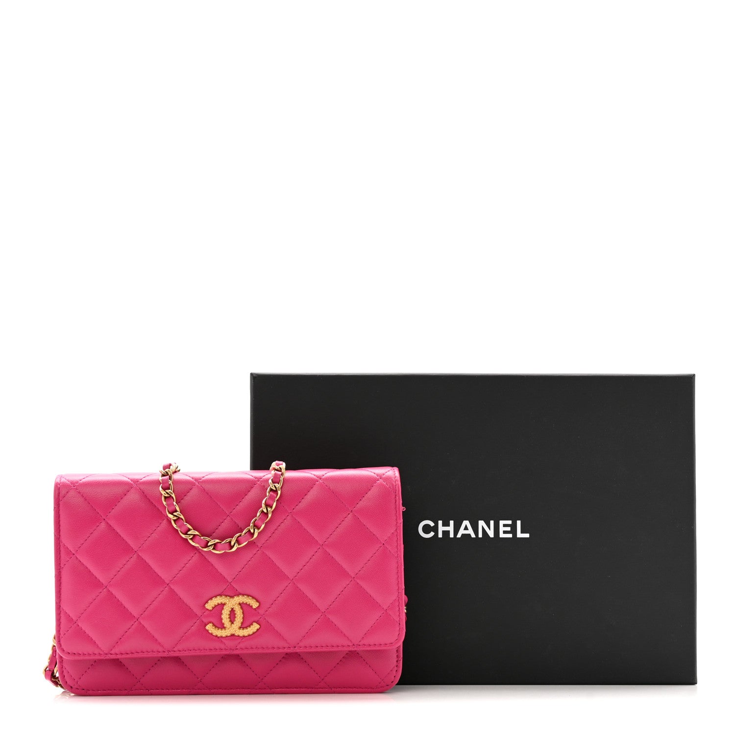 Lambskin Quilted Studded CC Wallet On Chain WOC Dark Pink