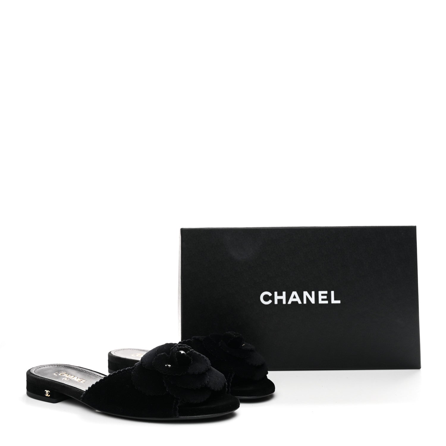 Velvet Pearl Camellia Slide Sandals 37 Black