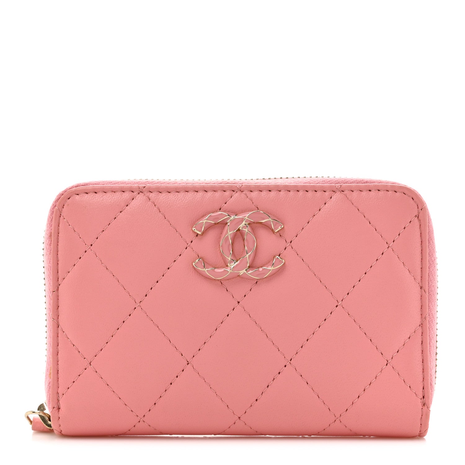 Lambskin Enamel Quilted Zip Around Coin Purse Wallet Pink