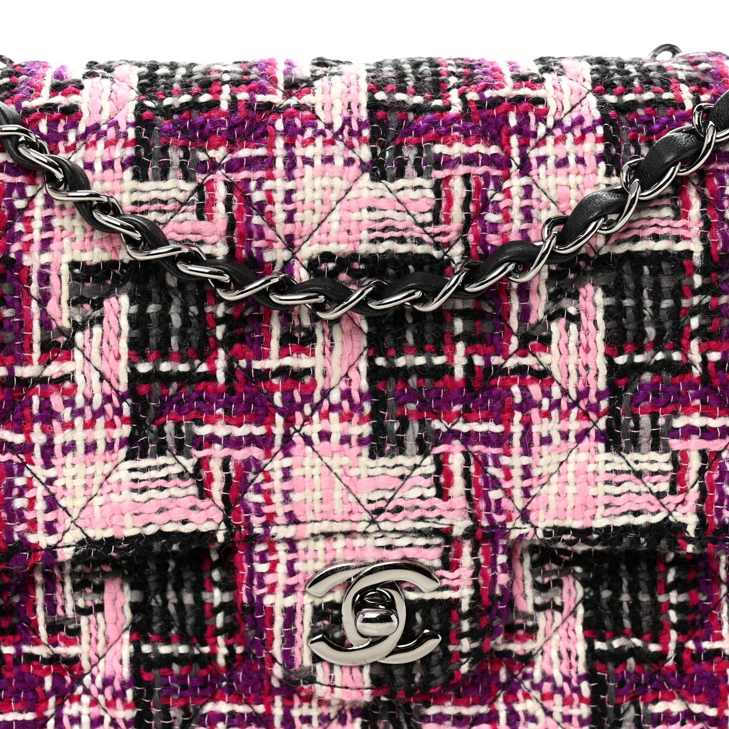 Tweed Quilted Medium Double Flap Pink Black