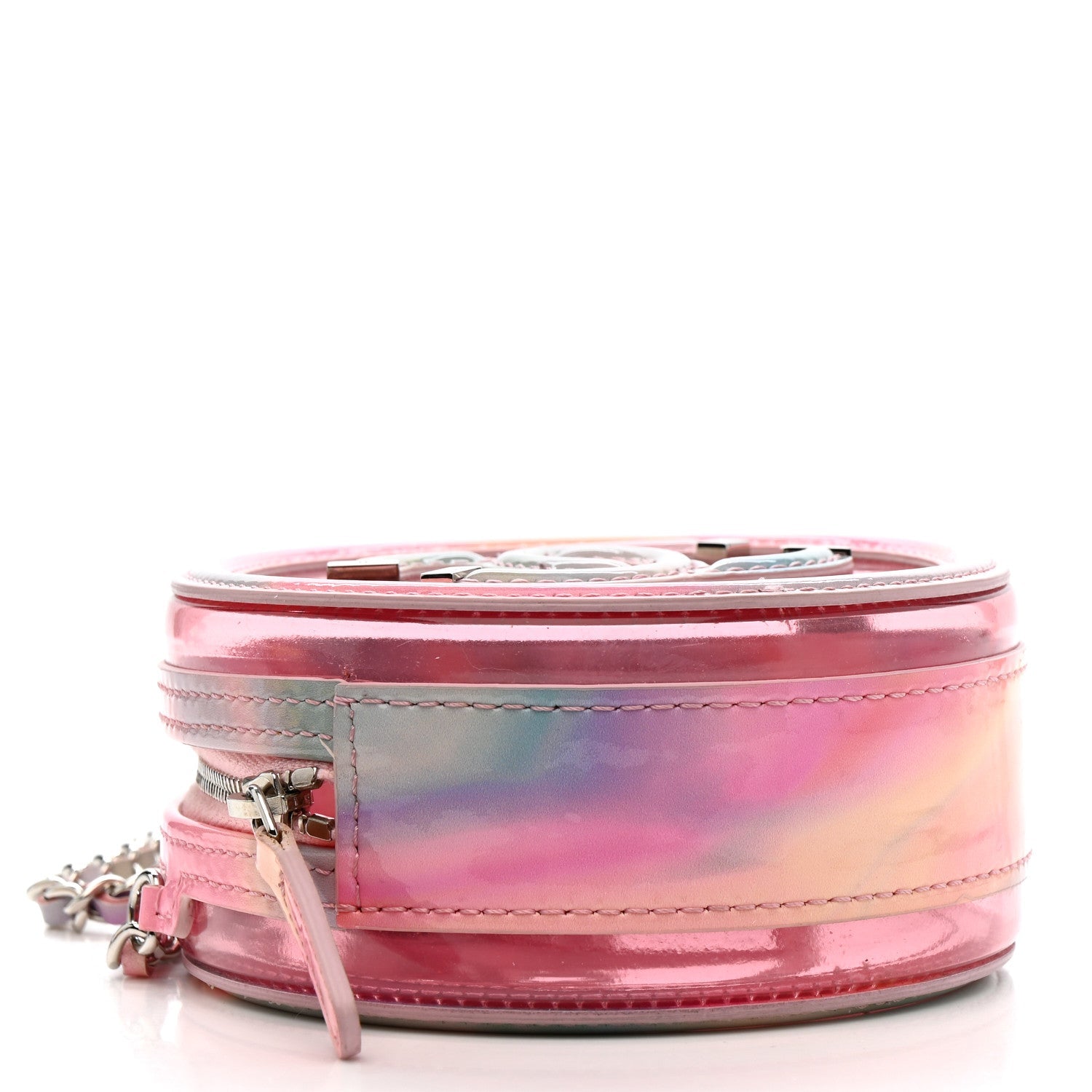 PVC Lambskin Filigree Round Clutch With Chain Pink