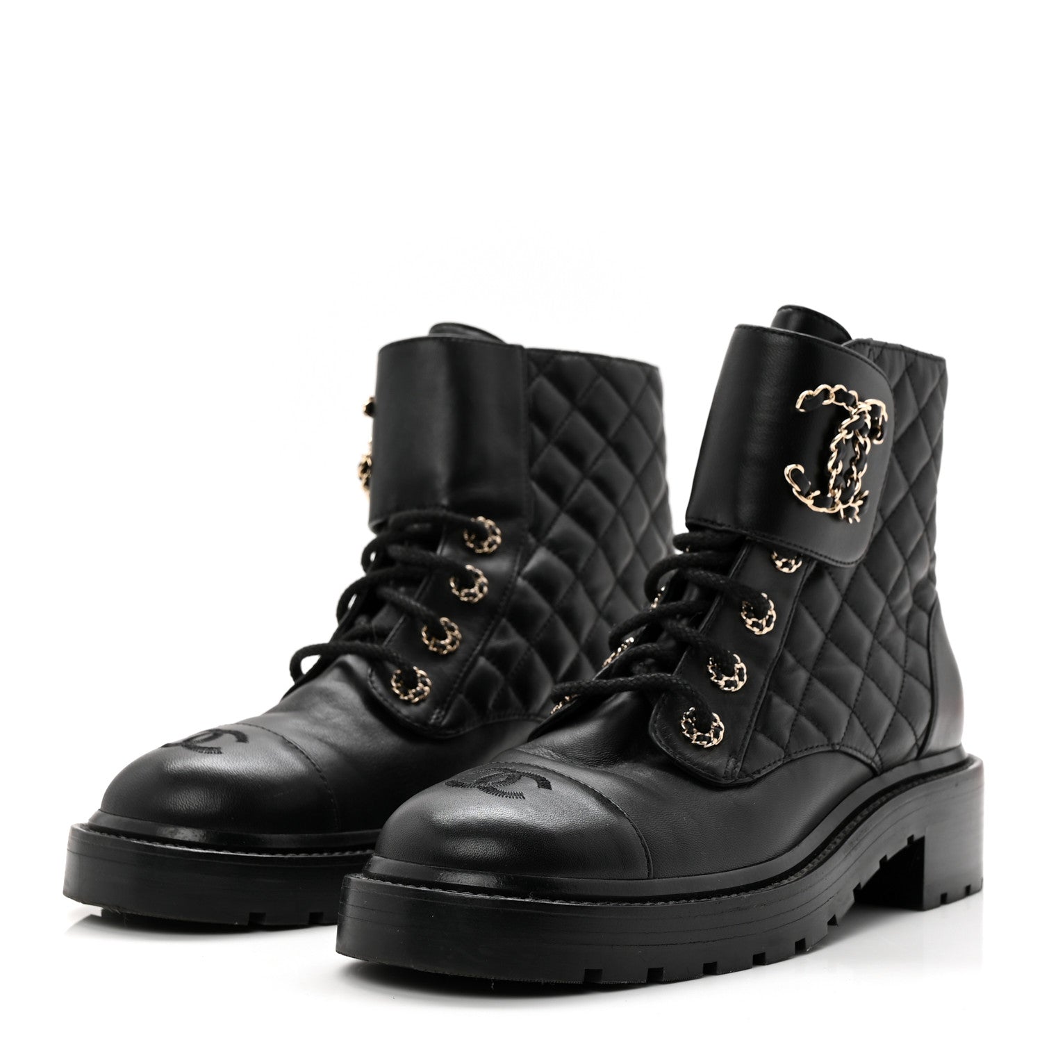 Shiny Lambskin Quilted Lace Up Combat Boots 38.5 Black