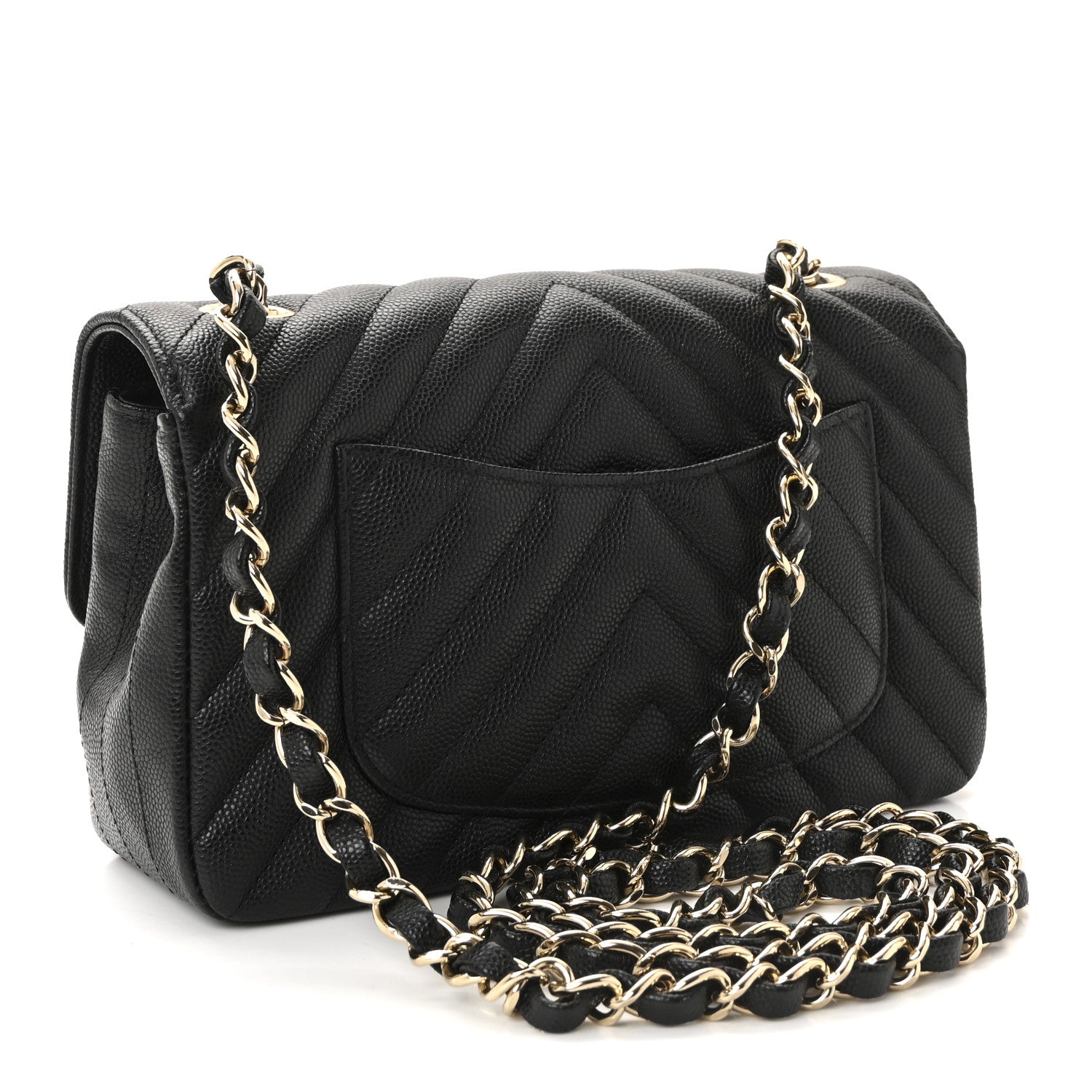 Caviar Chevron Quilted Mini Rectangular Flap Black