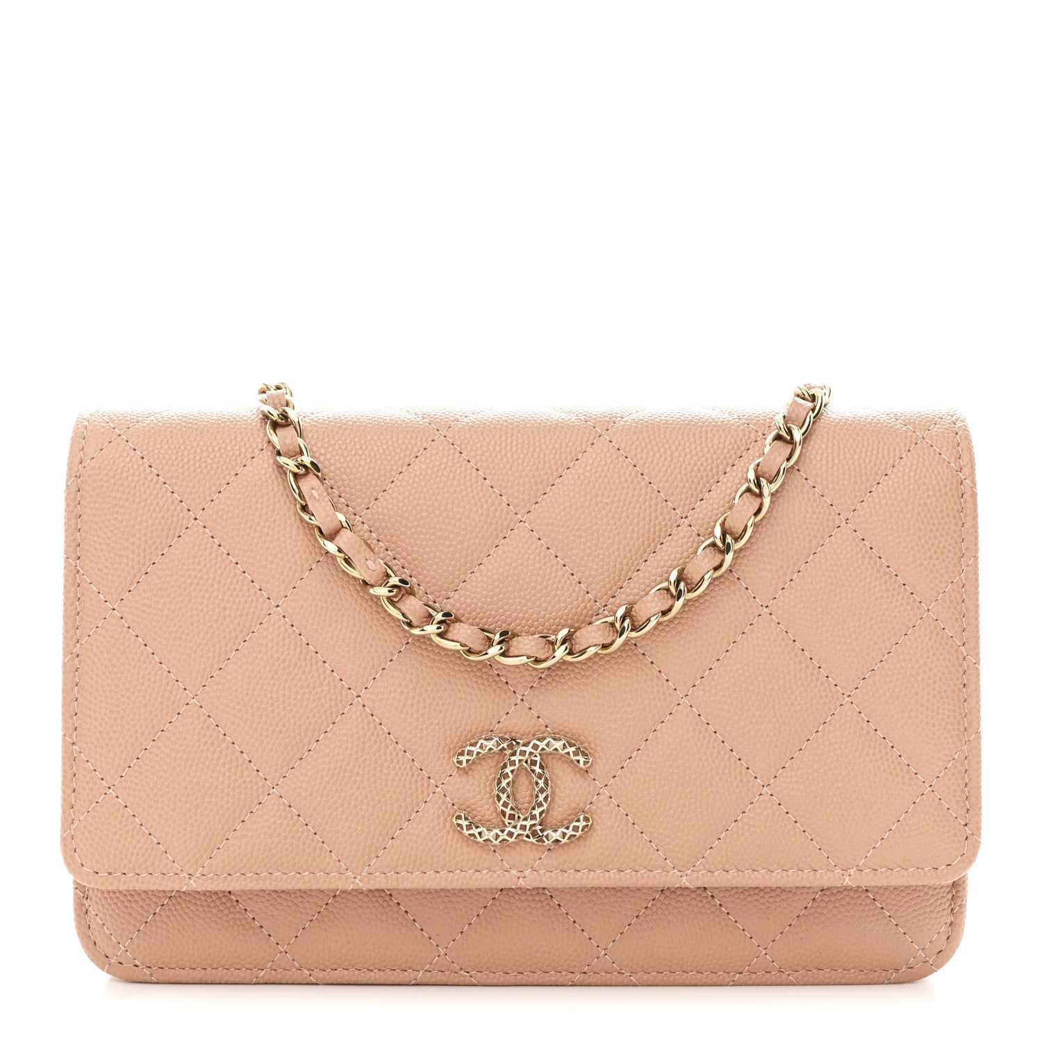 Caviar Quilted Perforated Metal CC Wallet On Chain WOC Beige