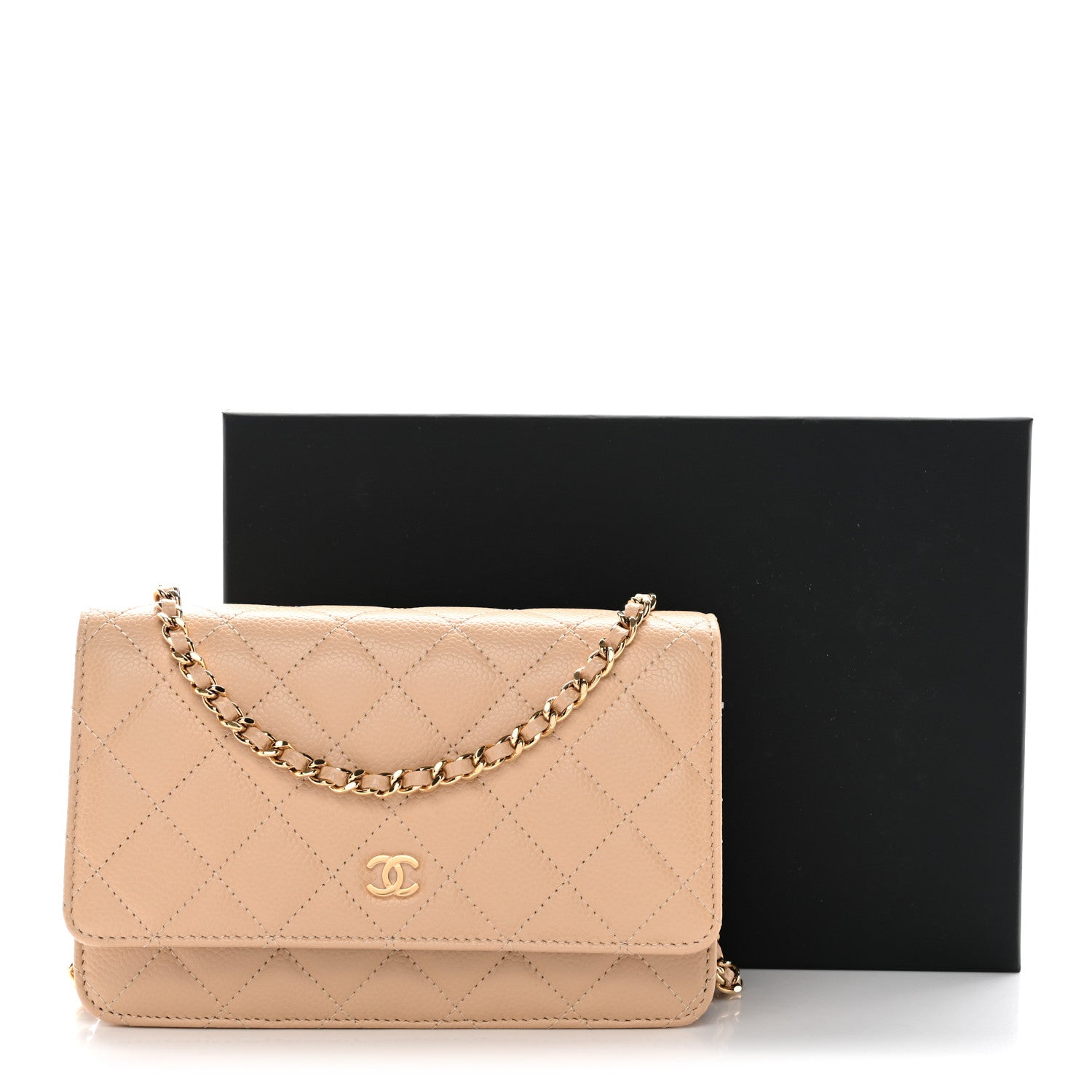 Caviar Quilted Wallet on Chain WOC Beige