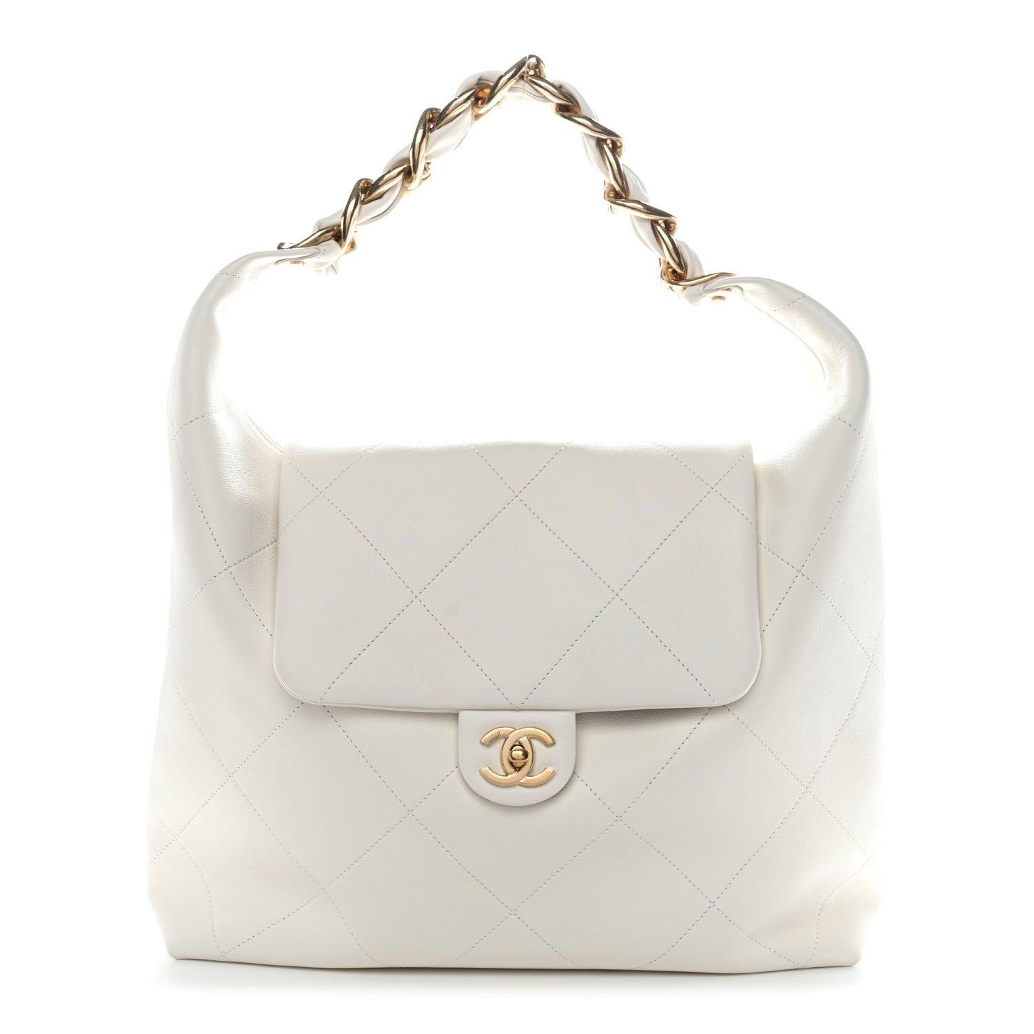 Calfskin Quilted Small Maxi Chain Hobo White