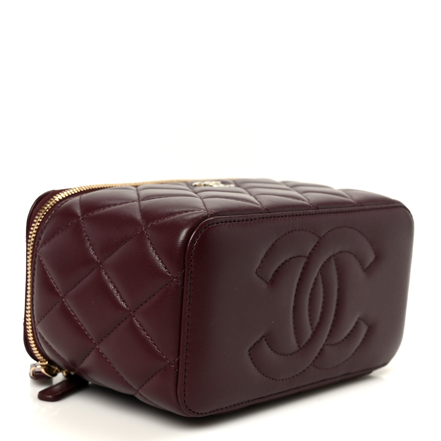 Lambskin Quilted Small Top Handle Vanity Case With Chain Burgundy