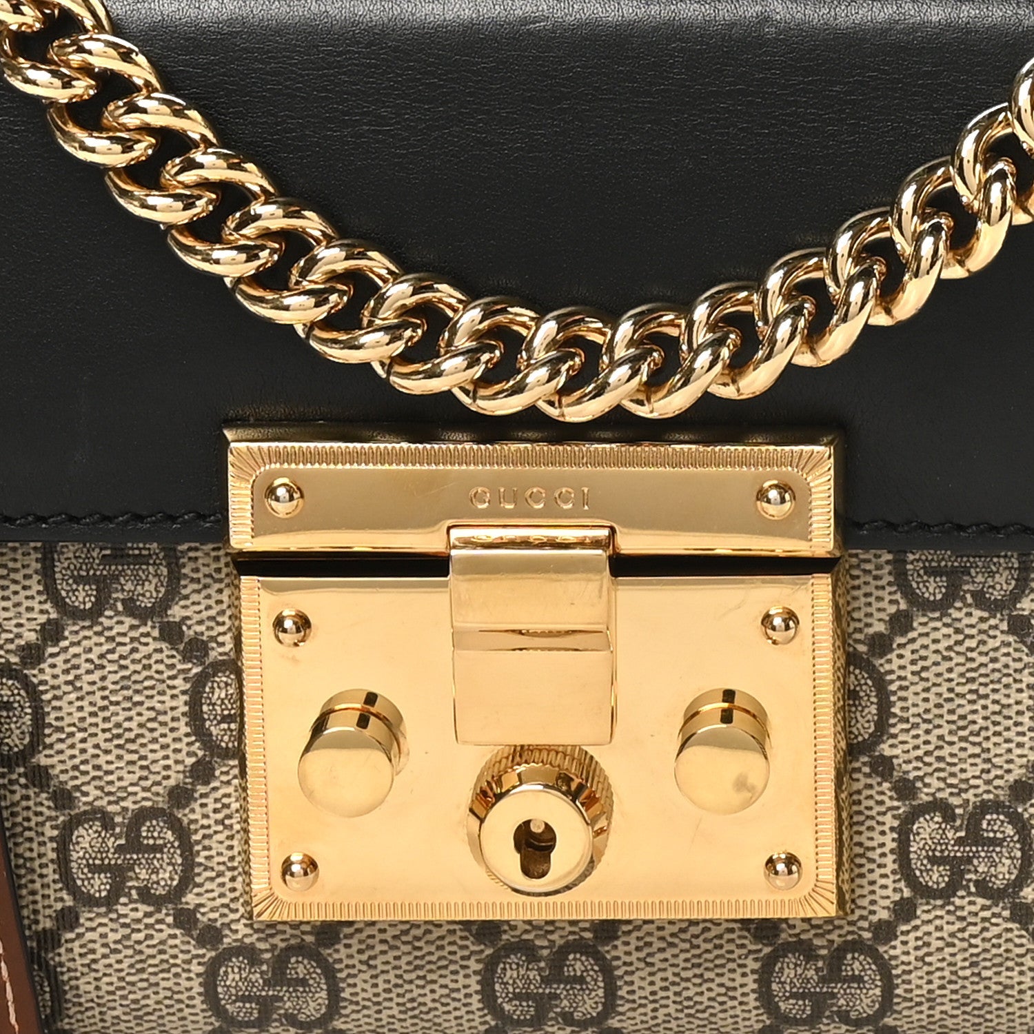 GG Supreme Monogram Calfskin Small Padlock Shoulder Bag Beige Black Cuir