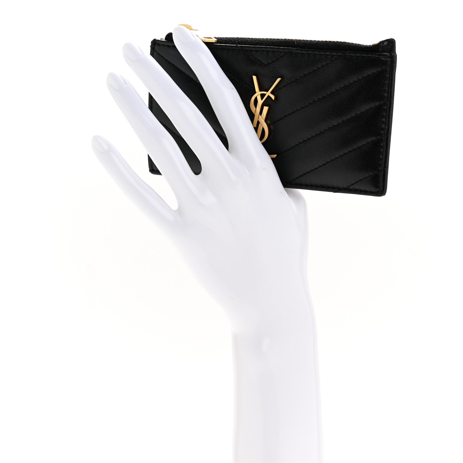 Calfskin Matelasse Chevron Monogram Fragments Zippered Card Case Black