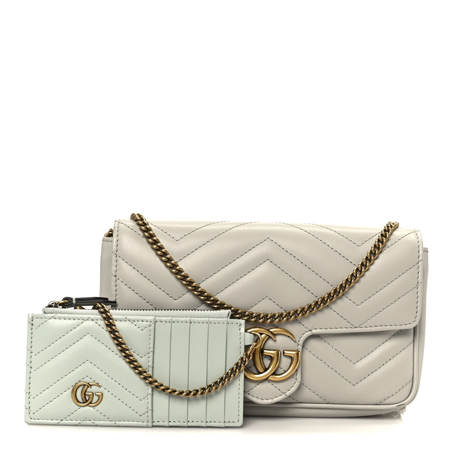 Calfskin Matelasse Mini GG Marmont Shoulder Bag With Card Holder White Light Grey